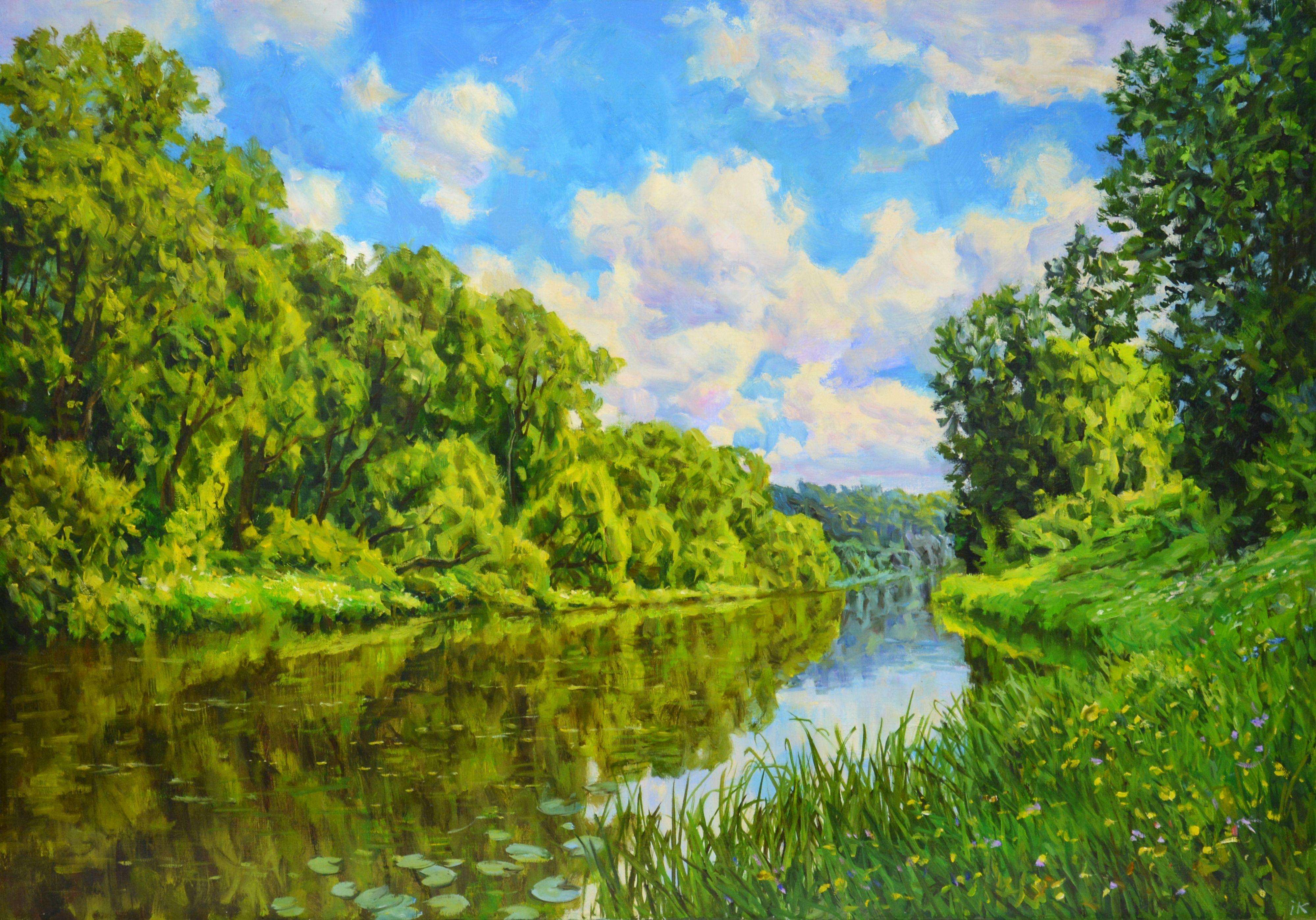 Picture Quiet River. Realism. Summer landscape: a rich palette of greenery, water, the reflection of the sky in the water evoke a feeling of love and appreciation for nature. The picture has good spatial quality and the colors are childish. Quality