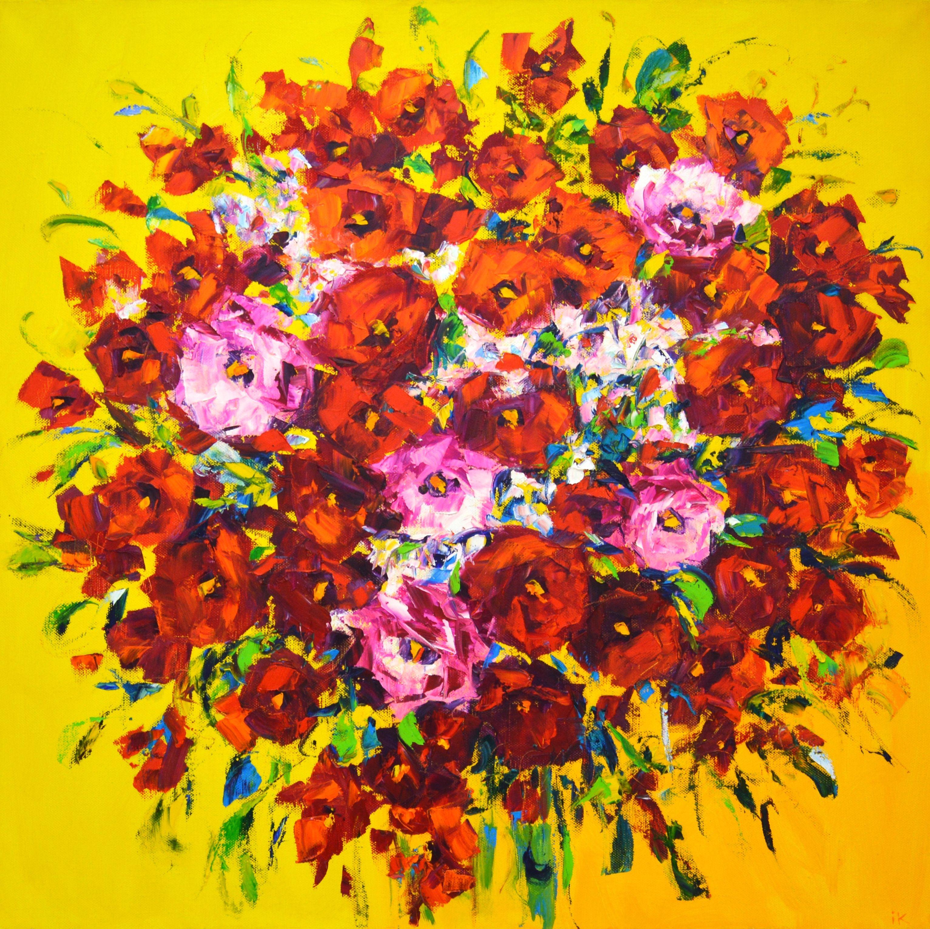 Red lovely. Red, pink and white hibiscus flowers on a bright yellow background, created with brushes and a spatula. The picture is filled with positive, solar energy. Part of a permanent series of floral arrangements. Inspired by flowers, completely