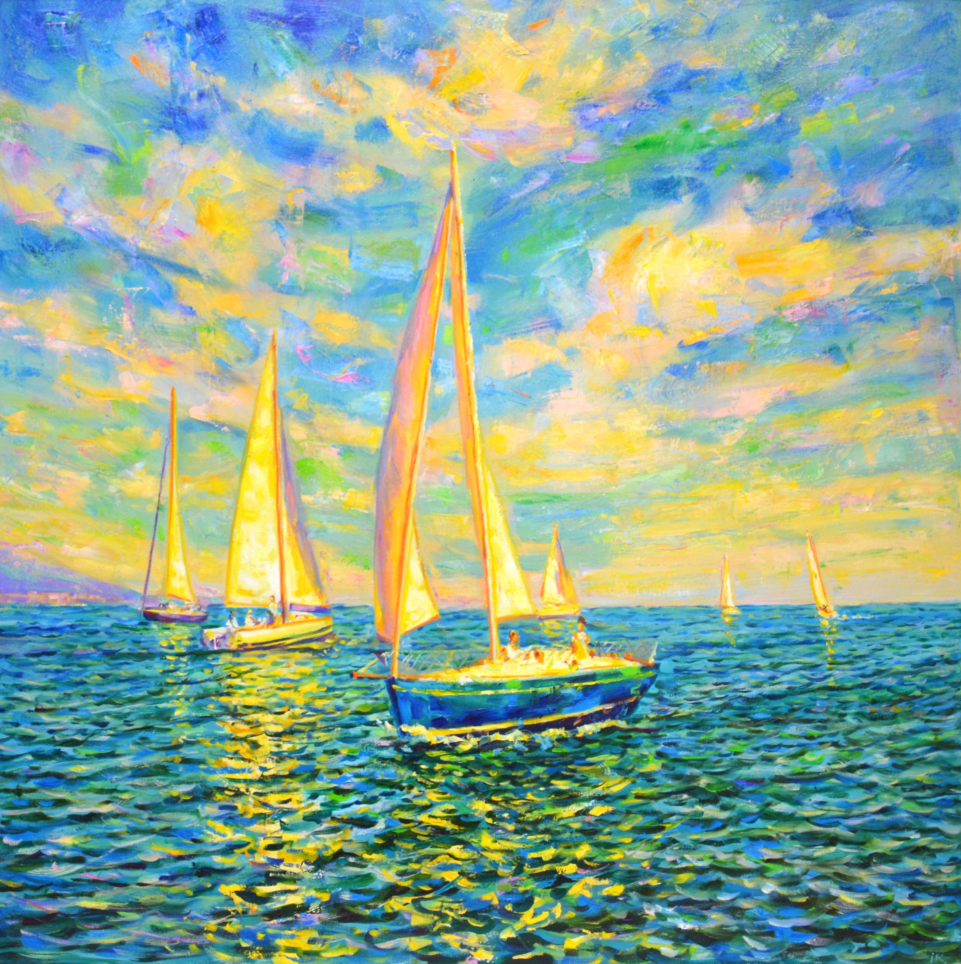 Regatta 19. Sailboats sail under the midday sun, golden light is reflected from the canvas of the sail and passing clouds, the ocean, a serene view, creates an atmosphere of relaxation, harmony and bliss. Realism. Impressionism. The work of the