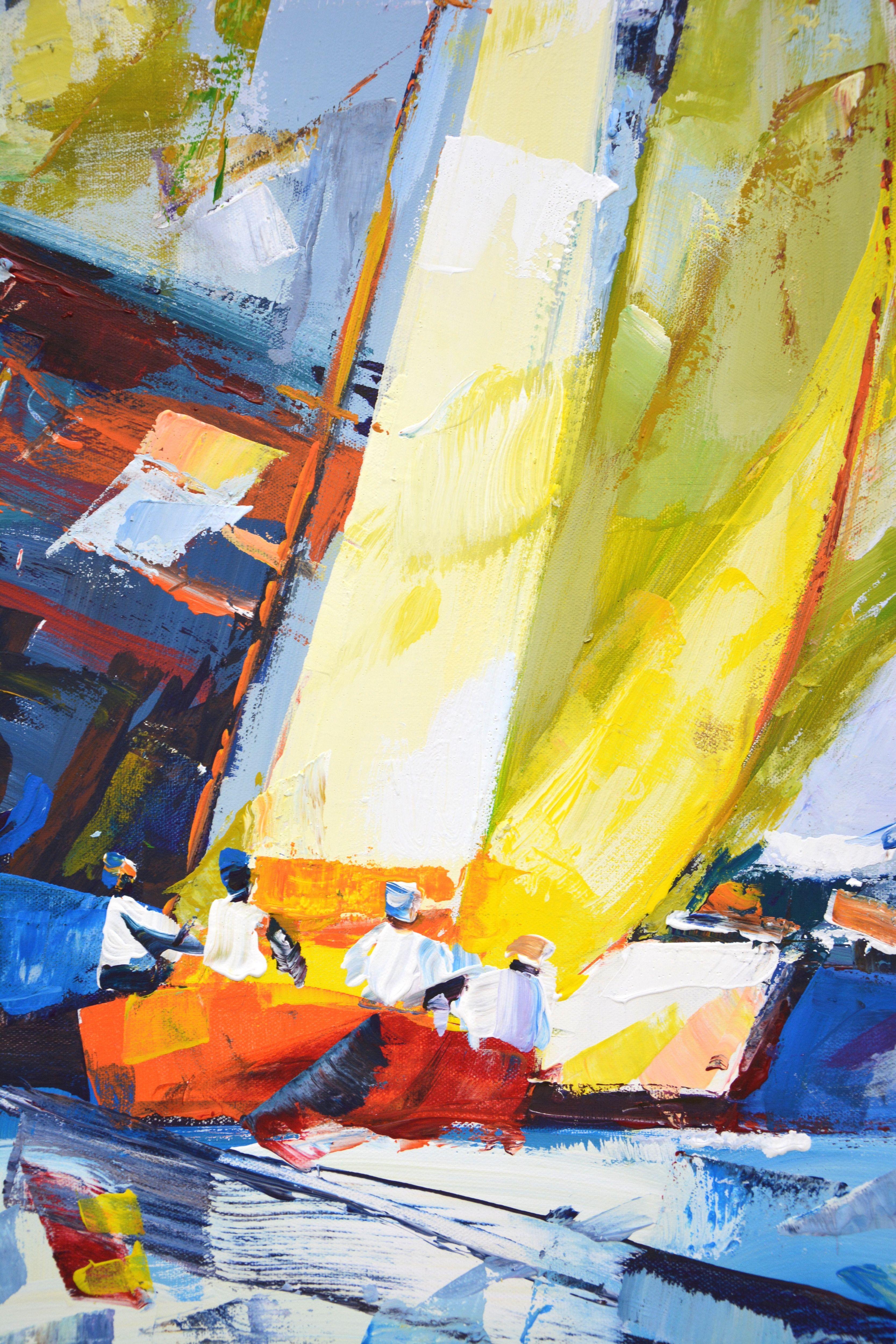 Regatta 35. Yachts with sail on an abstract gray background. Abstraction. Abstract expressionism. Contemporary. The palette vigorously mixes the colors of blue, gray and white, small accents of yellow, red of a certain shape, scattered across the