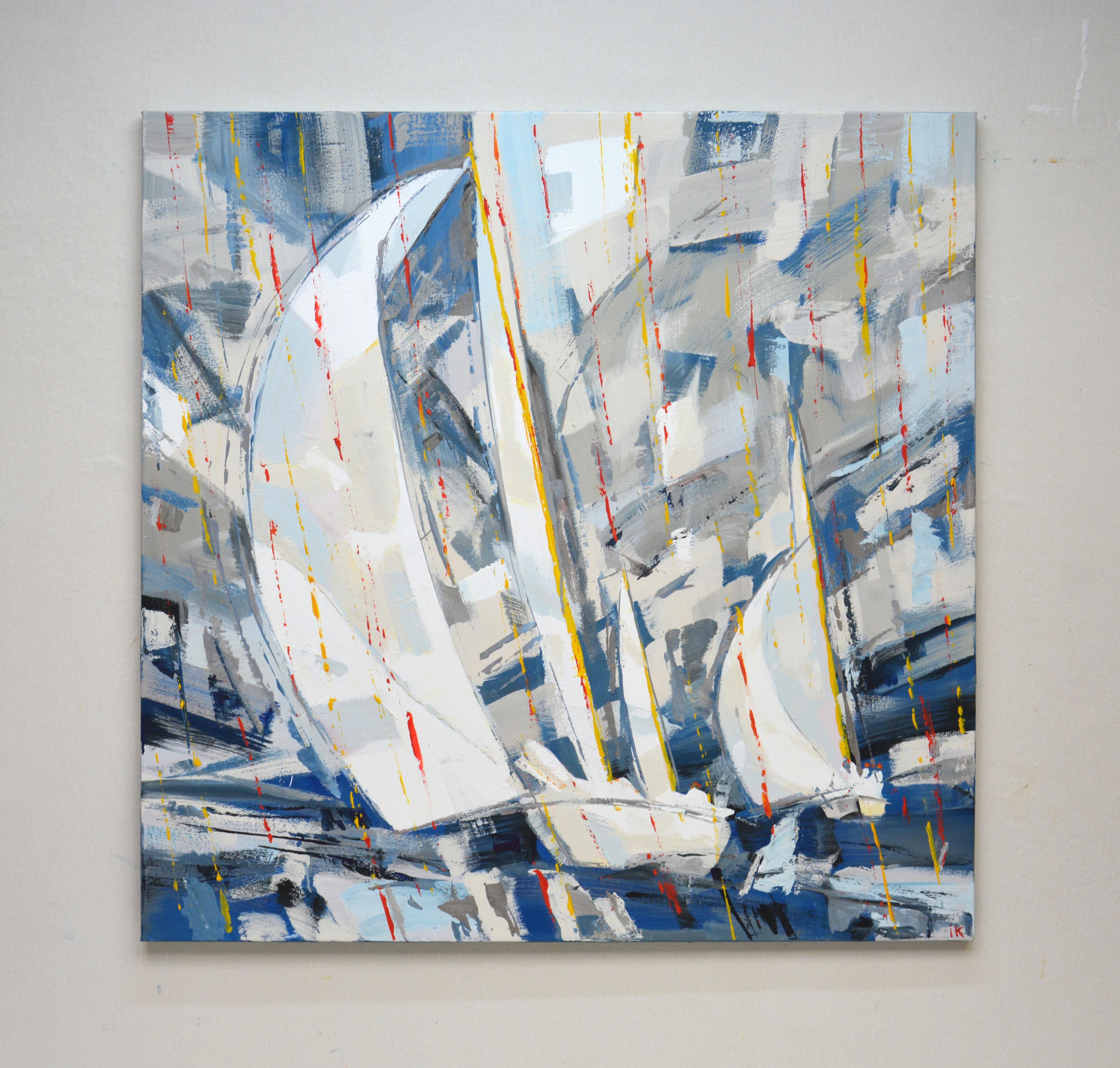Regatta 37 Original Interieur Acrylic Painting - Gray Landscape Painting by Iryna Kastsova