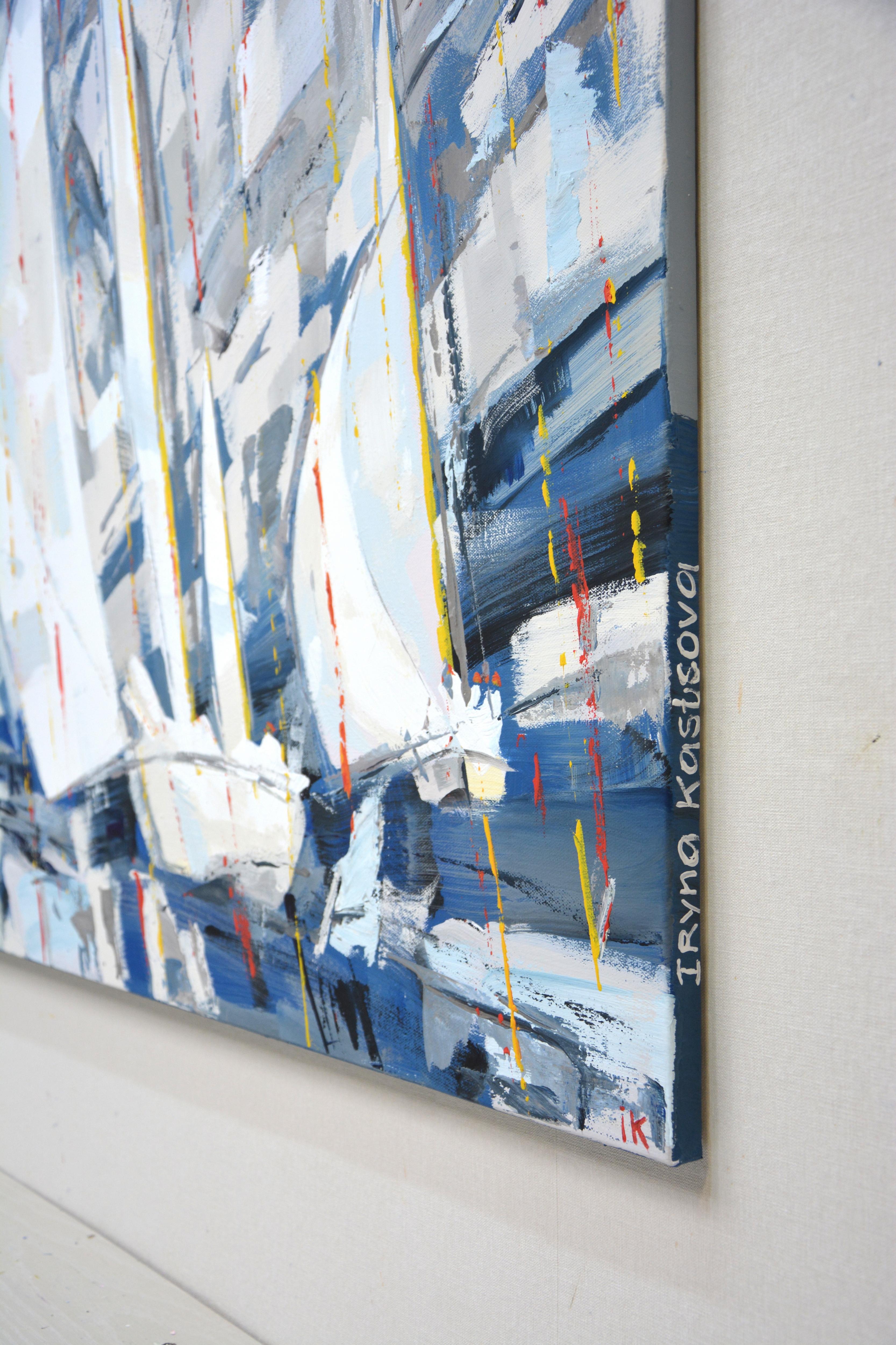 Regatta 37. Yachts with sail on an abstract gray background. Expressionism. Modern. The palette vigorously mixes the colors of blue, gray and white, small accents of yellow, red of a certain shape, scattered on the canvas with a spatula. Painting is