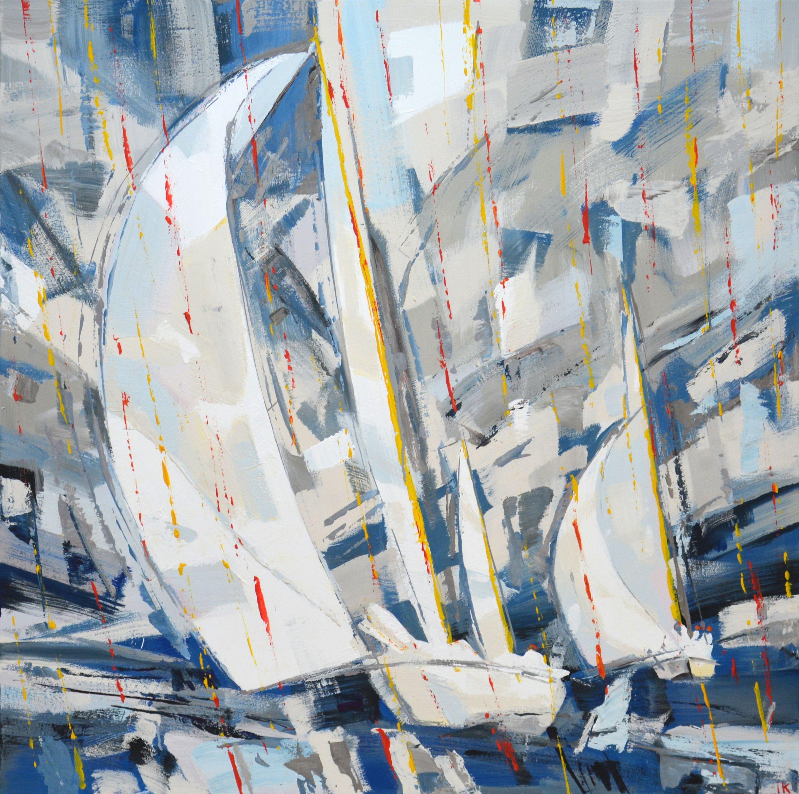 Regatta 37. Yachts with sail on an abstract gray background. Abstraction. Modern. The palette vigorously mixes the colors of blue, gray and white, small accents of yellow, red of a certain shape, scattered on the canvas with a spatula. Painting is a