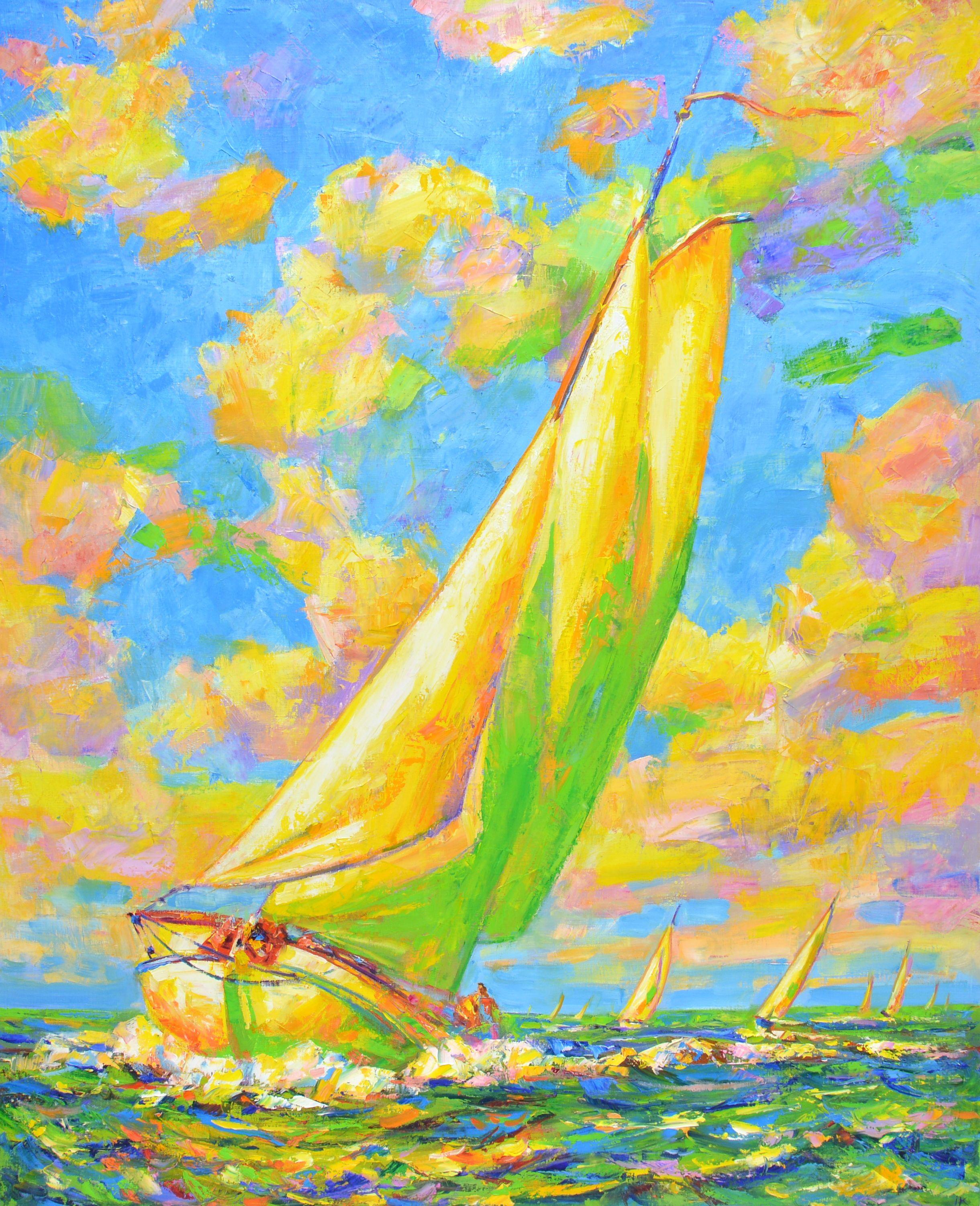Sailboats ply the waves of the ocean, clouds above your head. The painting is written expressively in the style of impressionism. Yachts with a sail on canvas create an atmosphere of relaxation, freedom. The picture has a good spatial quality, and