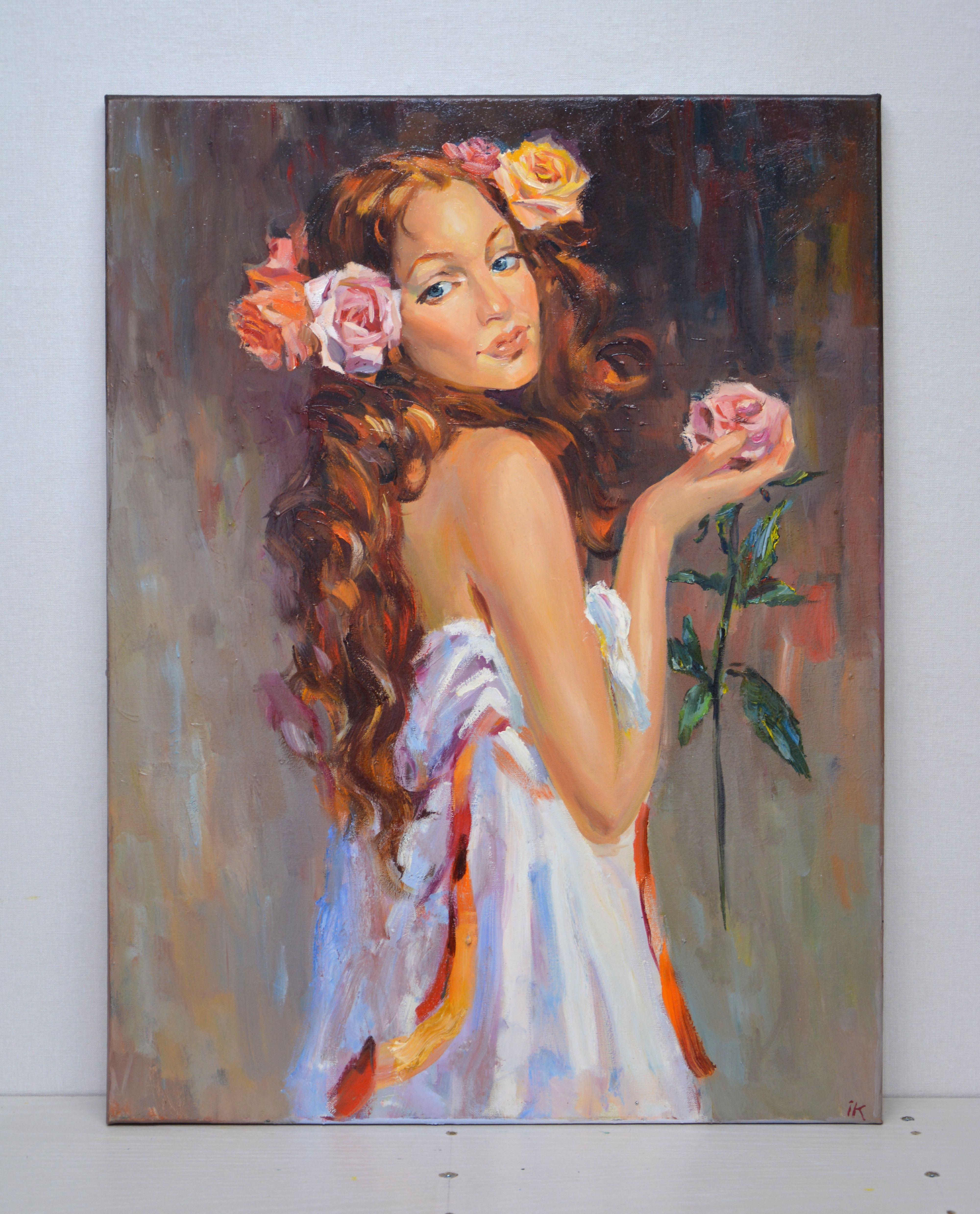 A girl with red hair, in a white dress with a rose in her hand. Realism. Allegory of flora. Oil painting on canvas, varnished, sides painted in the color of the painting, ready to be suspended, signed a certificate of authenticity. :: Painting ::
