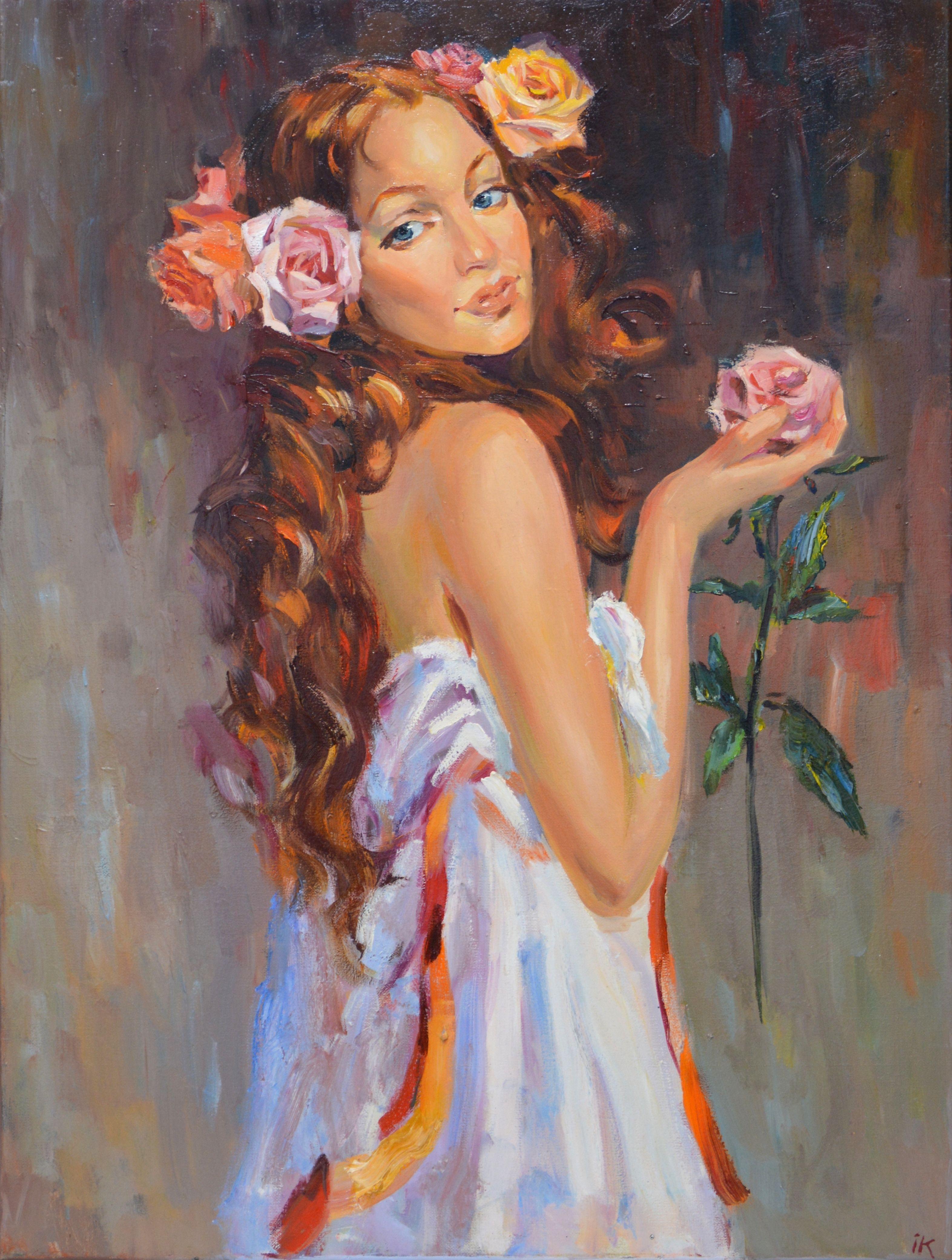 Iryna Kastsova Figurative Painting - Rose flower., Painting, Oil on Canvas