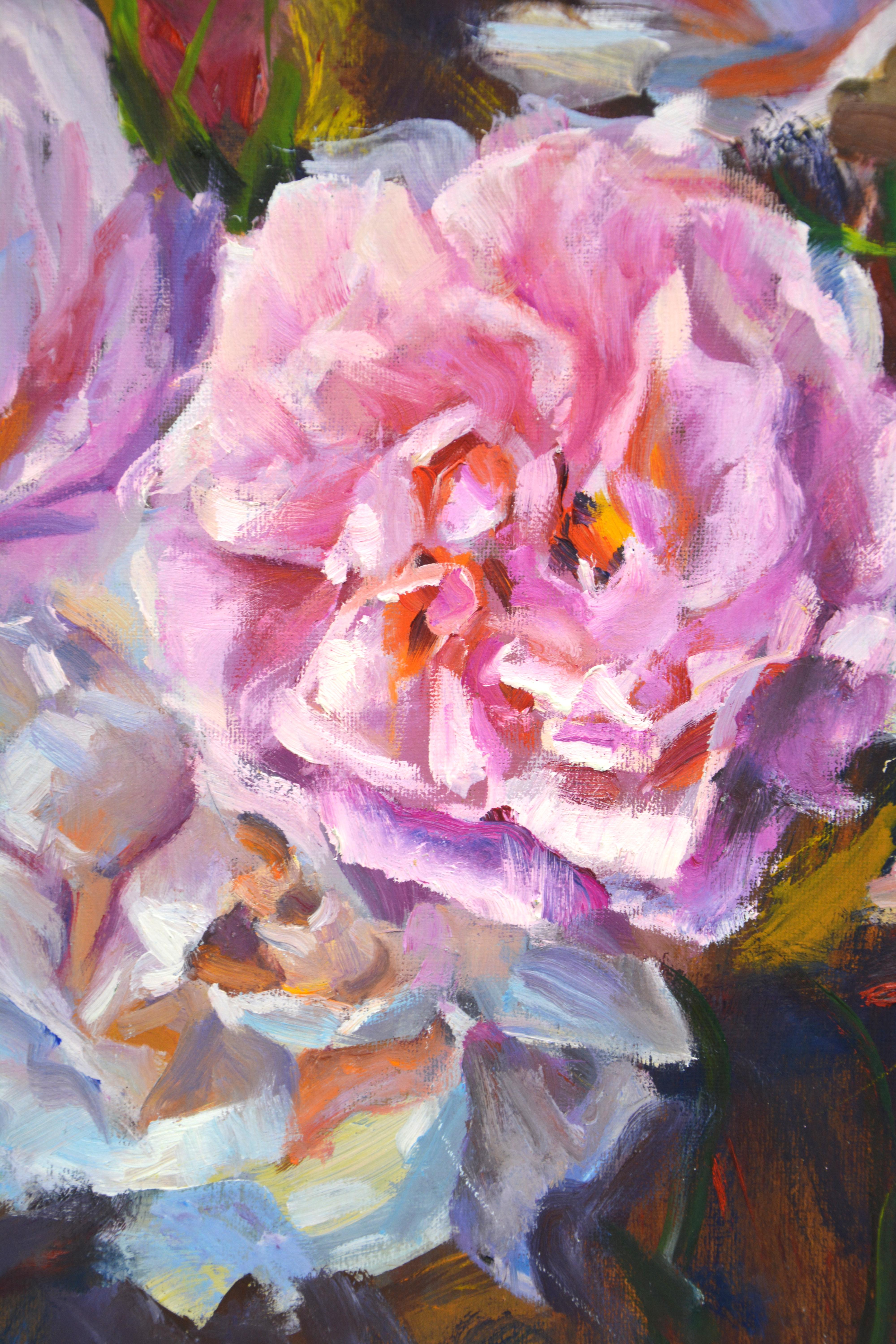 Rose 7. Bouquet di fiori: delicate rose rosa e bianche su sfondo scuro. Natura morta floreale dipinta a olio su cartone, nello stile dell'impressionismo. Lavoro a cornice. Pronto per la sospensione. Firma dell'artista. Ricoperto di vernice.