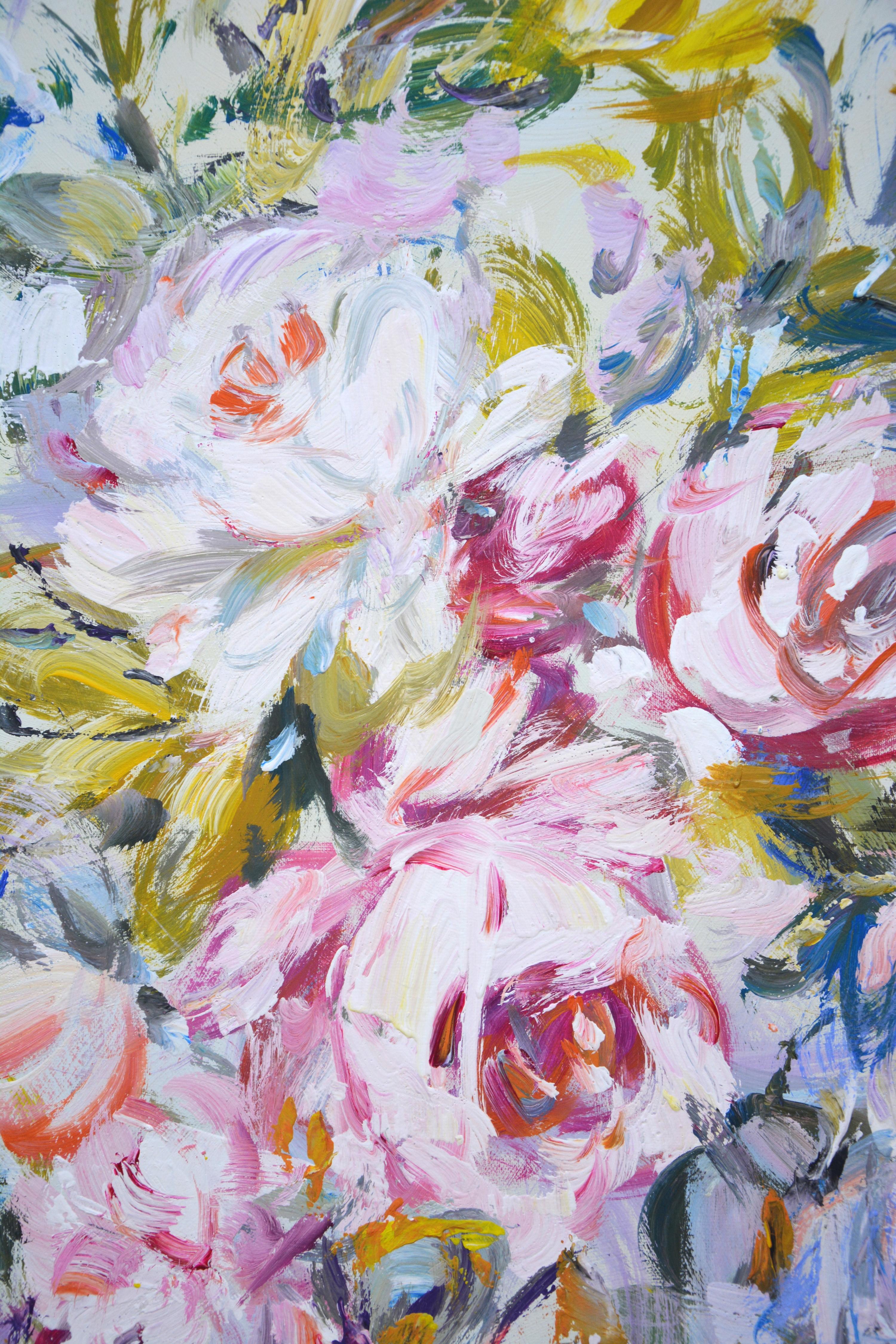 Roses. Delicate bouquet. Floral still life: pink and white flowers on an abstract white background, created with brushes and a spatula. The picture is filled with positive, solar energy, tenderness. Part of a permanent series of floral arrangements.