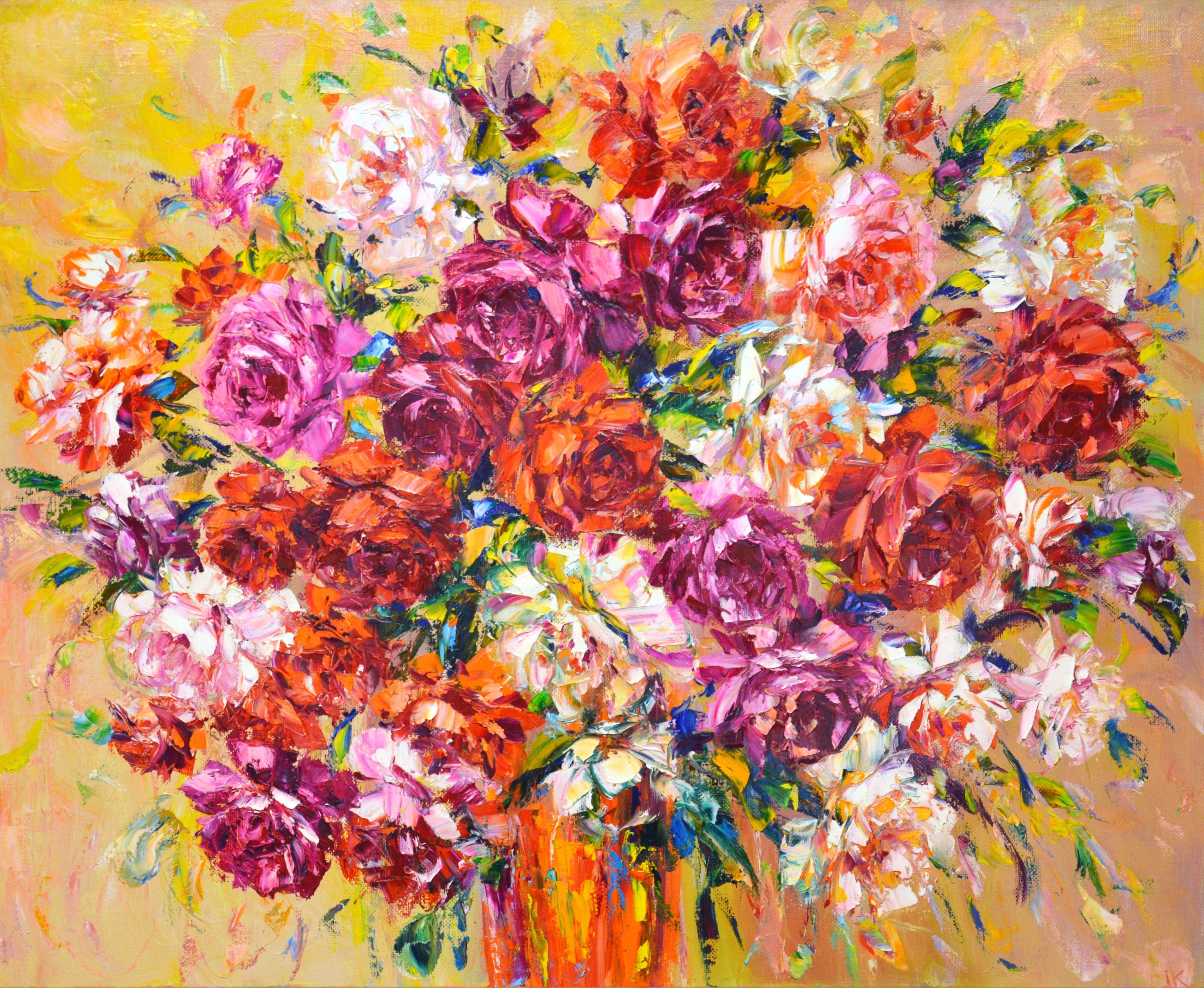 Roses for good luck. Roses: white, pink, red on an abstract gentle background. Impressionism. Made with a textured brush and palette knife to quickly convey a mood, a vivid impression. Part of a permanent series of floral still lifes. Inspired by