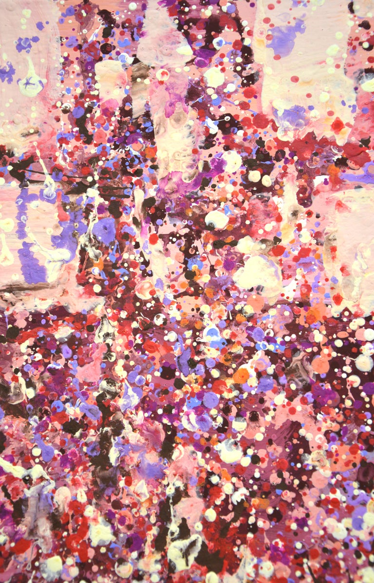 Royal beads. An expressive, modern abstract painting created by drops and splashes of paint that sparkles and shimmers! The colors are superimposed on each other and also correspond to different points. Many colored drops, burgundy, pink, purple,