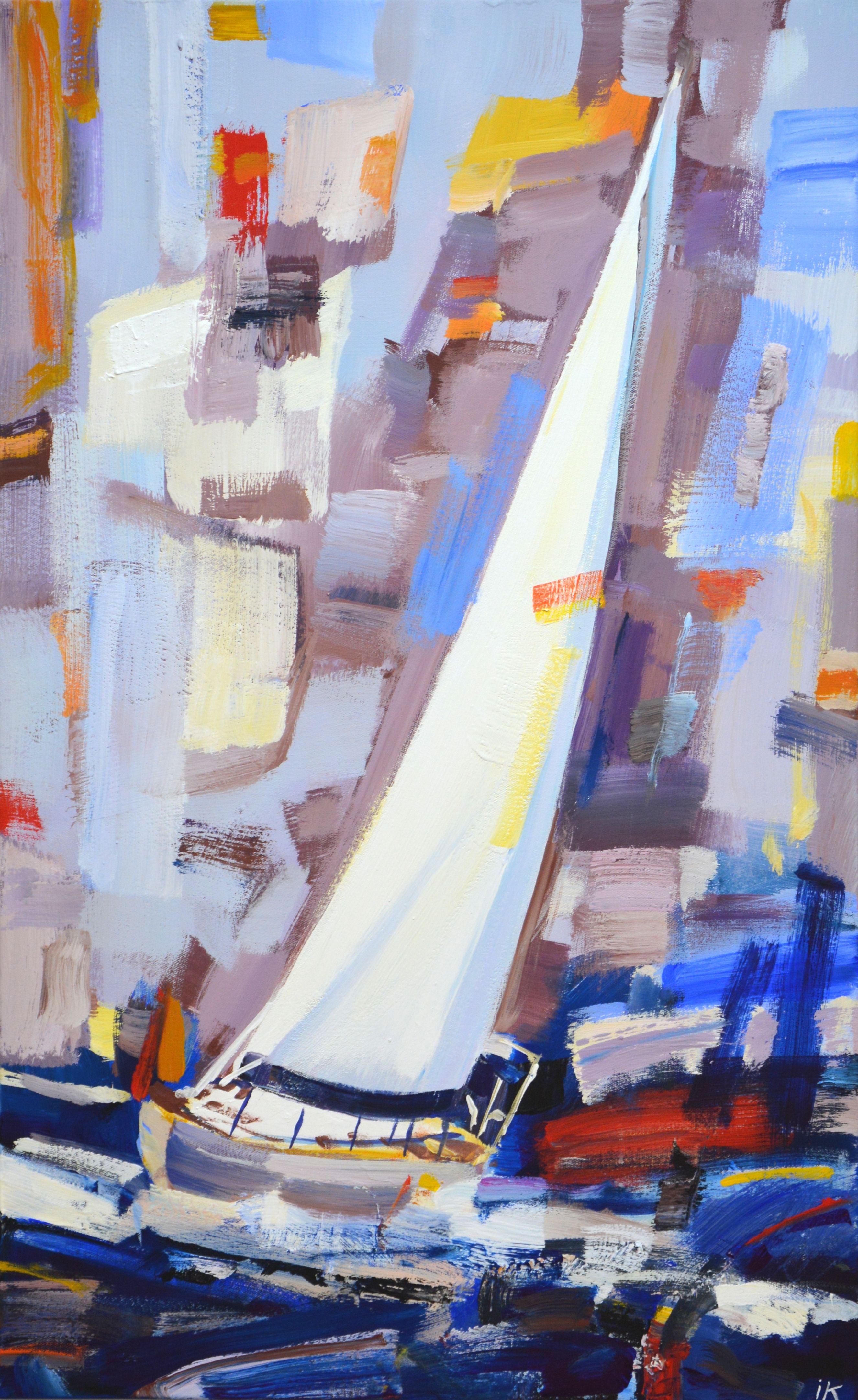 Sailboat 8. Yacht with a sail on an abstract gray background. Expressionism. Contemporary. The palette vigorously mixes the colors of blue, gray and white, small accents of yellow, red of a certain shape, scattered over the canvas with a spatula.