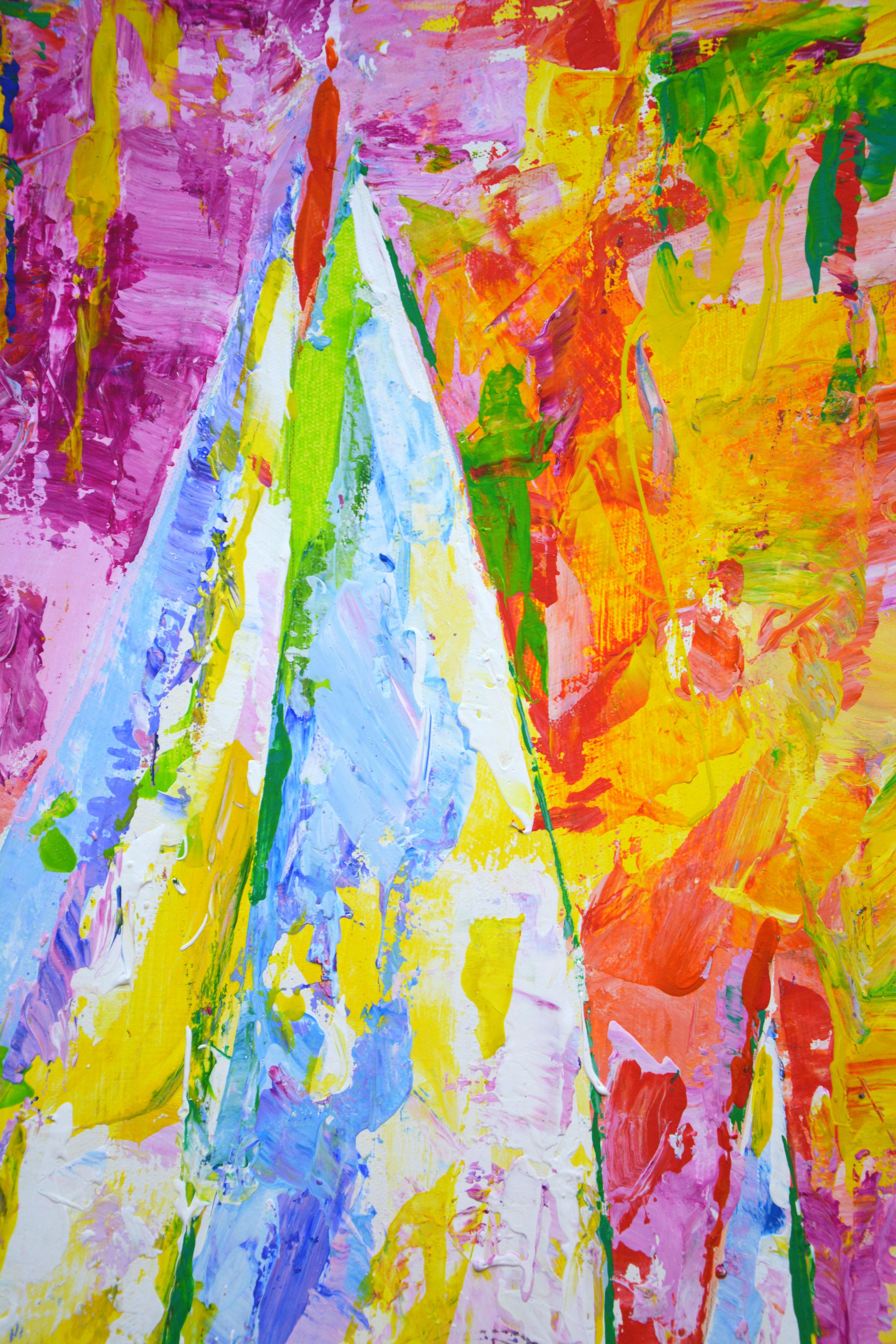 Sailboat 9. Yacht with a sail on an abstract, bright, colored background. Expressionism. Modern. The palette vigorously mixes bright colors of pink, yellow, red, green and white, scattered across the canvas with a spatula. Painting is a way to show