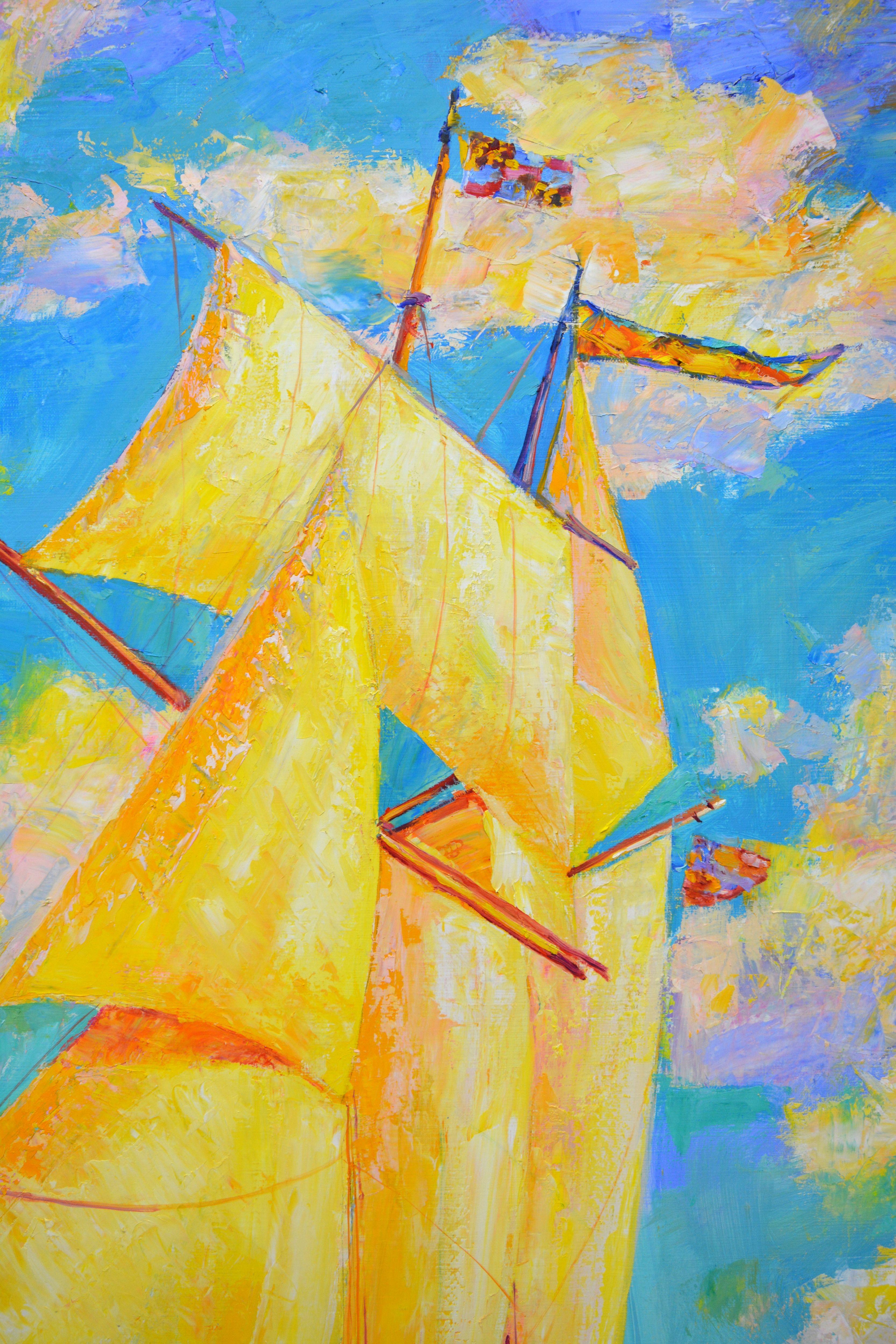Das Segelboot fährt in der Mittagssonne, die Mannschaft bearbeitet die Segel. Goldenes Licht wird von der Leinwand eines Segels und vorbeiziehenden Wolken reflektiert. Die Arbeit des Messers mit einem Spachtel unterstreicht das sich verändernde