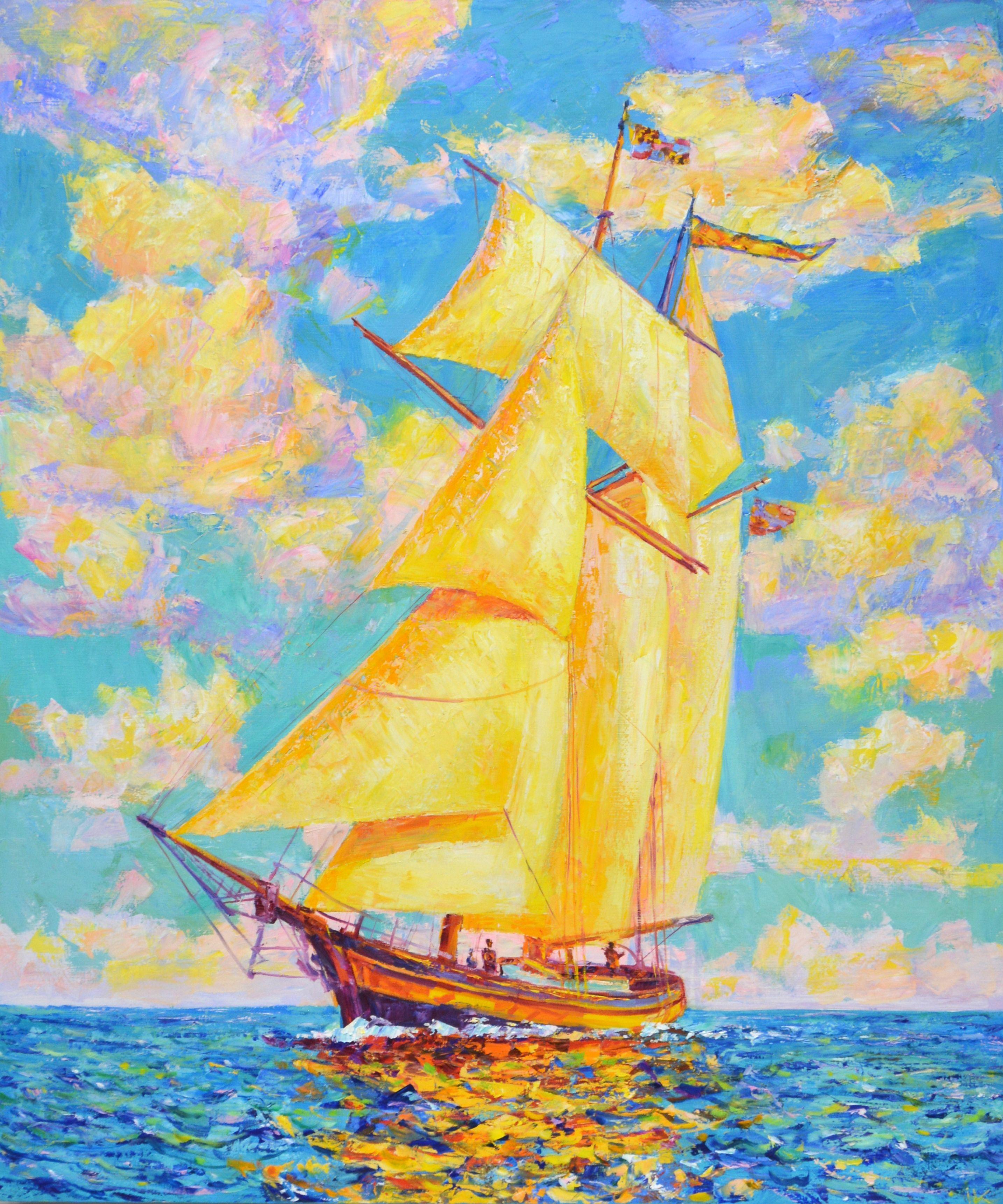 The sailboat runs under the midday sun, the crew processes the sails. Golden light is reflected from the canvas of a sail and passing clouds. The work of the knife with a palette knife emphasizes the changing water and the effect of the scene. Part