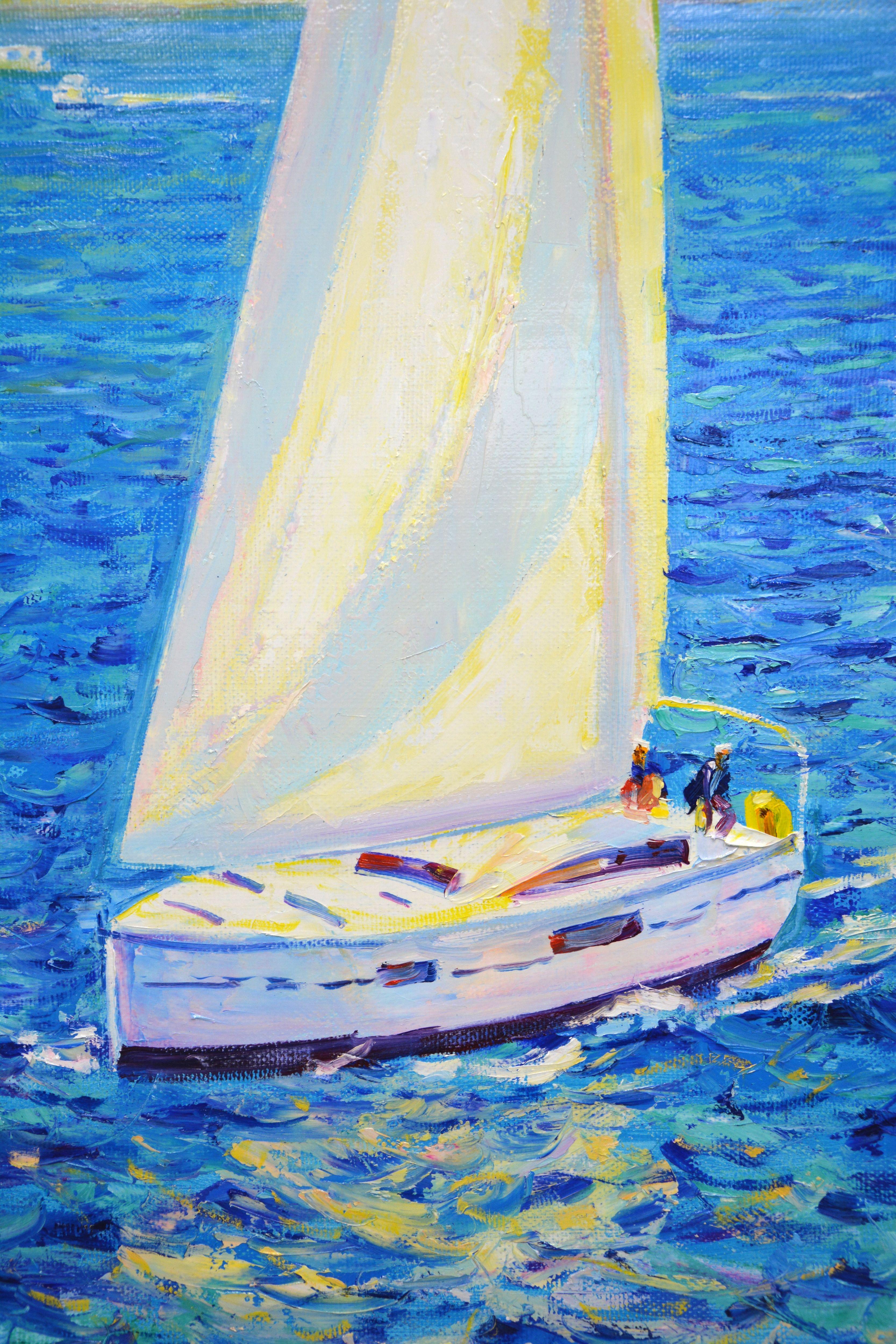 Regata di vela. Le barche a vela navigano sotto il sole di mezzogiorno, la luce viene riflessa dalla tela della vela e dalle nuvole che passano, l'oceano, una vista serena, crea un'atmosfera di relax, armonia e beatitudine. Realismo. Il lavoro della