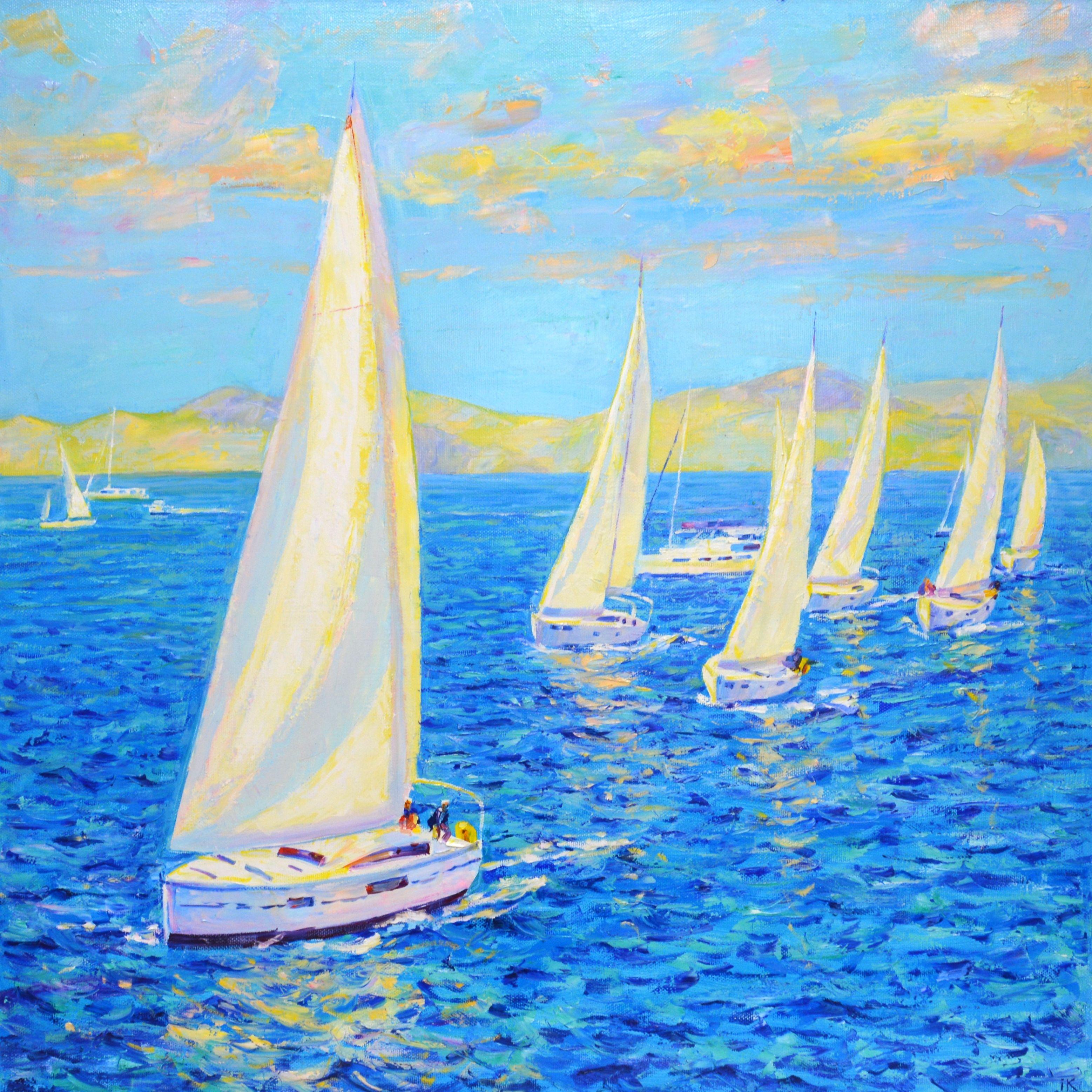 Sailing regatta. Sailboats sail under the midday sun, the light is reflected from the canvas of the sail and passing clouds, the ocean, a serene view, creates an atmosphere of relaxation, harmony and bliss. Realism. The work of the palette knife