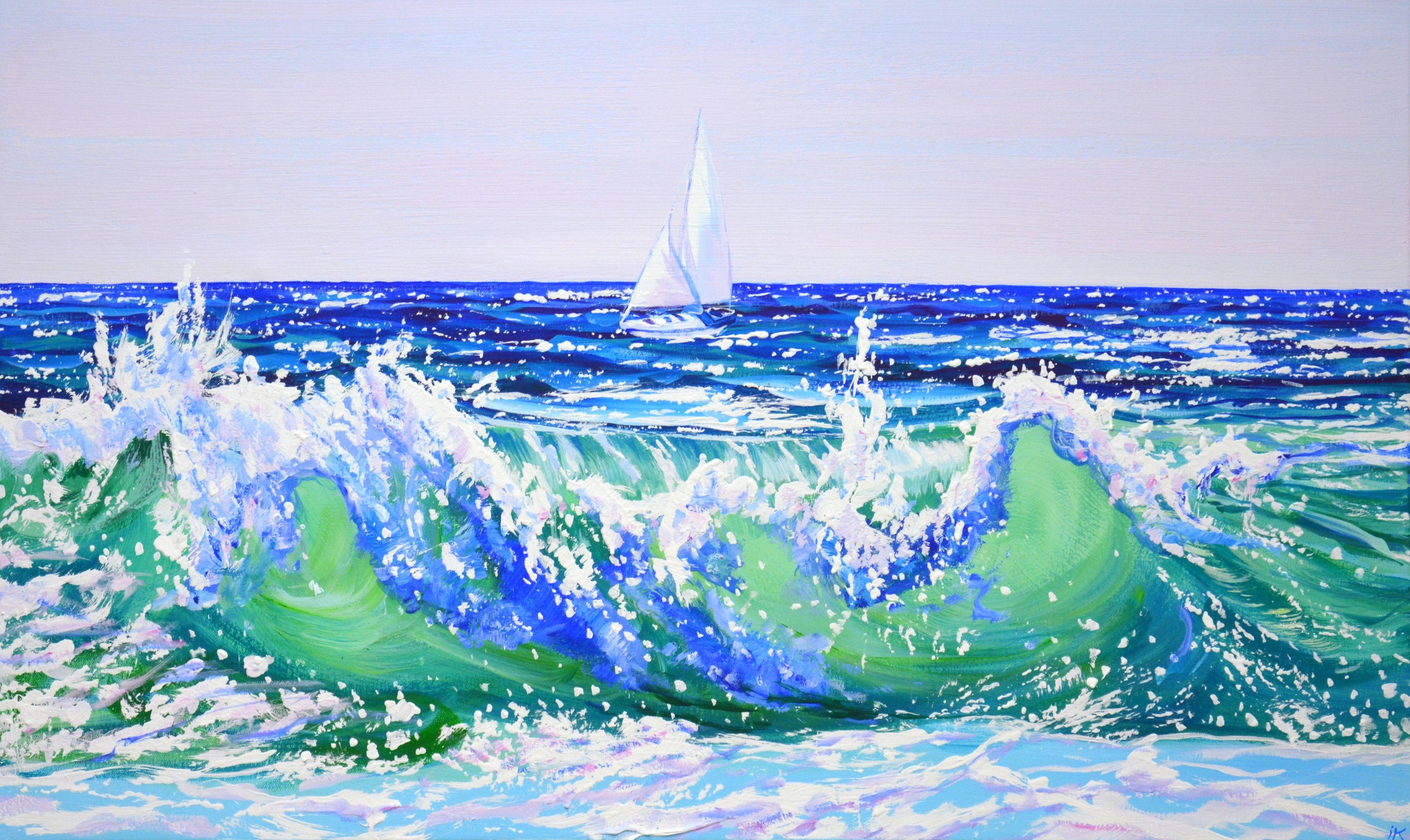 Sailing trip. The work is written with inspiration, positively. Nature: seascape, clear sky over the ocean, light reflected from the incoming waves, glare of the sun on the water, sea foam, sailboat on the water, create an atmosphere of relaxation.