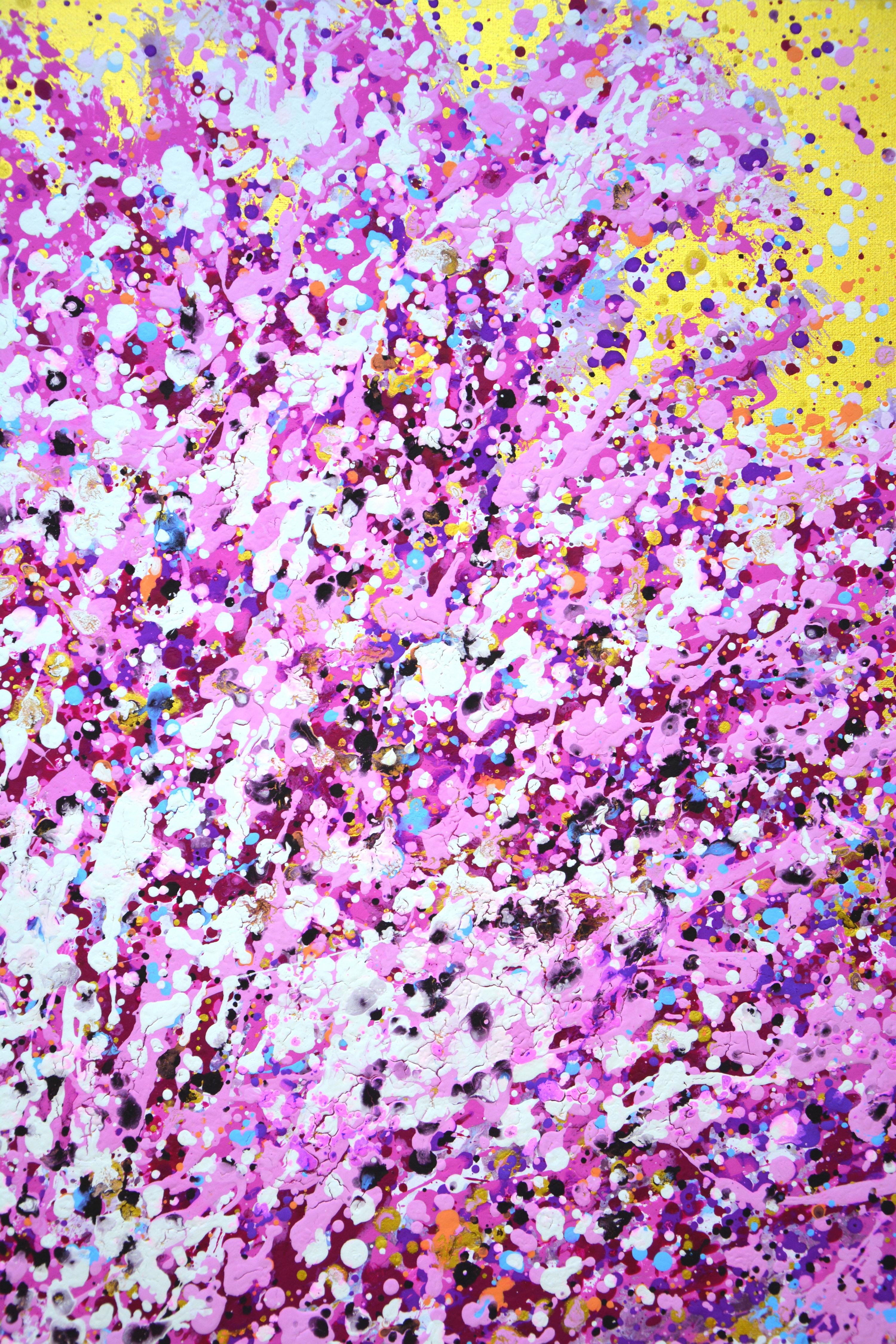 Sakura cherry blossoms 2. Japanese tree. Acrylic paints of pale pink, pink, white on a gold background splattered and splattered, creating a sense of shimmer, movement, and beautiful life. Colors create an atmosphere of relaxation, harmony and
