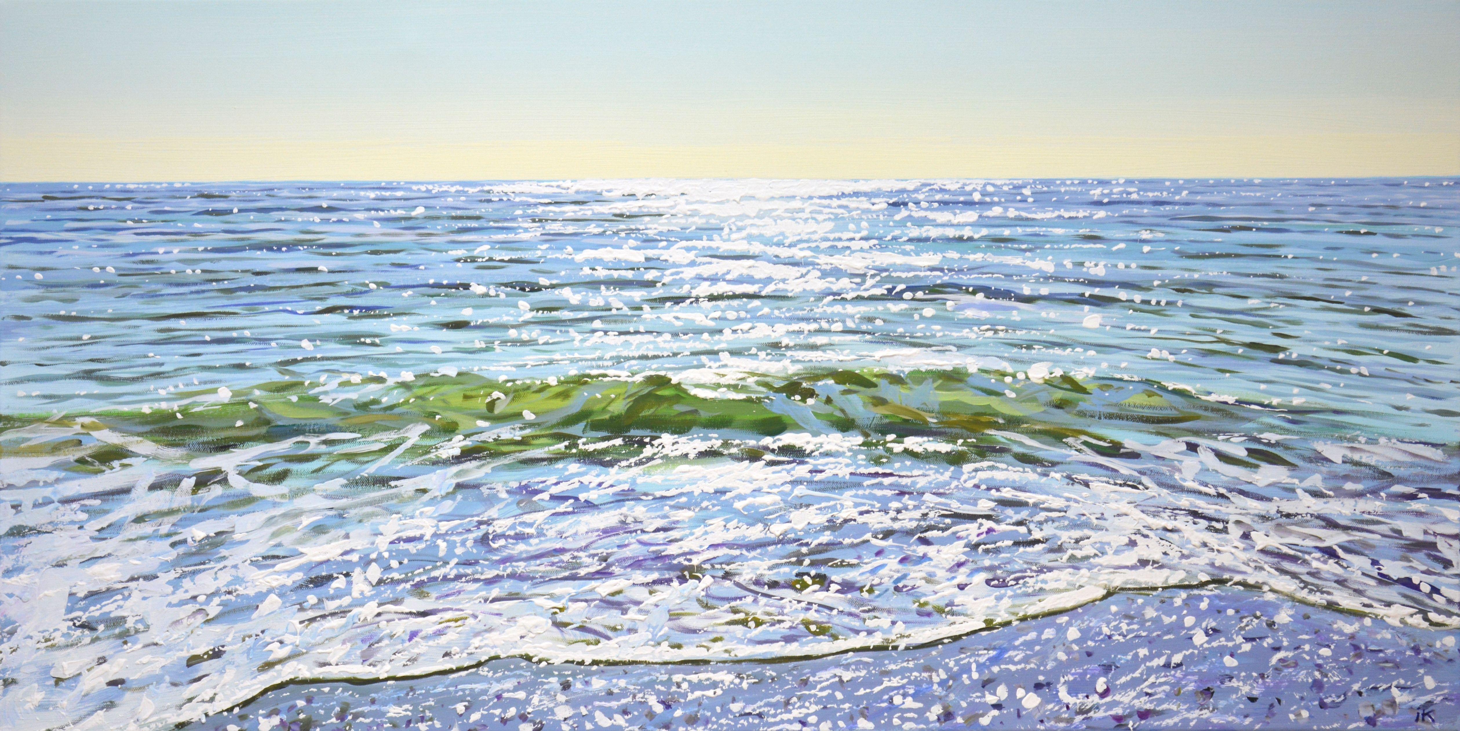 Sea 22.     Light blue water, sea, ocean, small waves, glare on the water, clear sky create an atmosphere of relaxation and romance. Made in the style of realism, light blue, white palette emphasizes the energy of water. Part of a permanent series