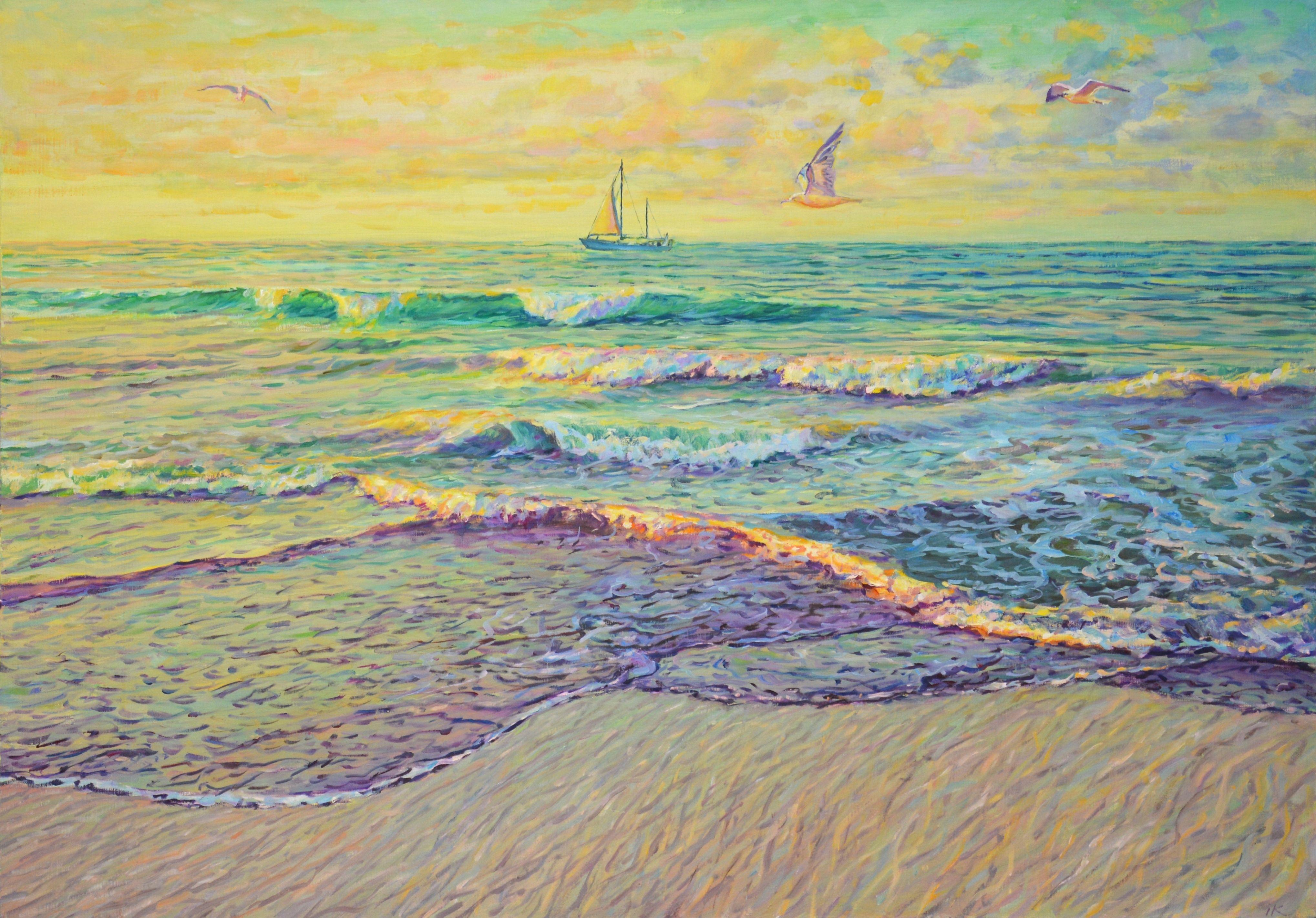 The sea at dawn. A yacht with a sail moves on the horizon, seagulls fly, the light is reflected from the rolling waves. A rich palette of delicate turquoise, white underlines the energy of the sea. Impressionism. When traveling, I always bring