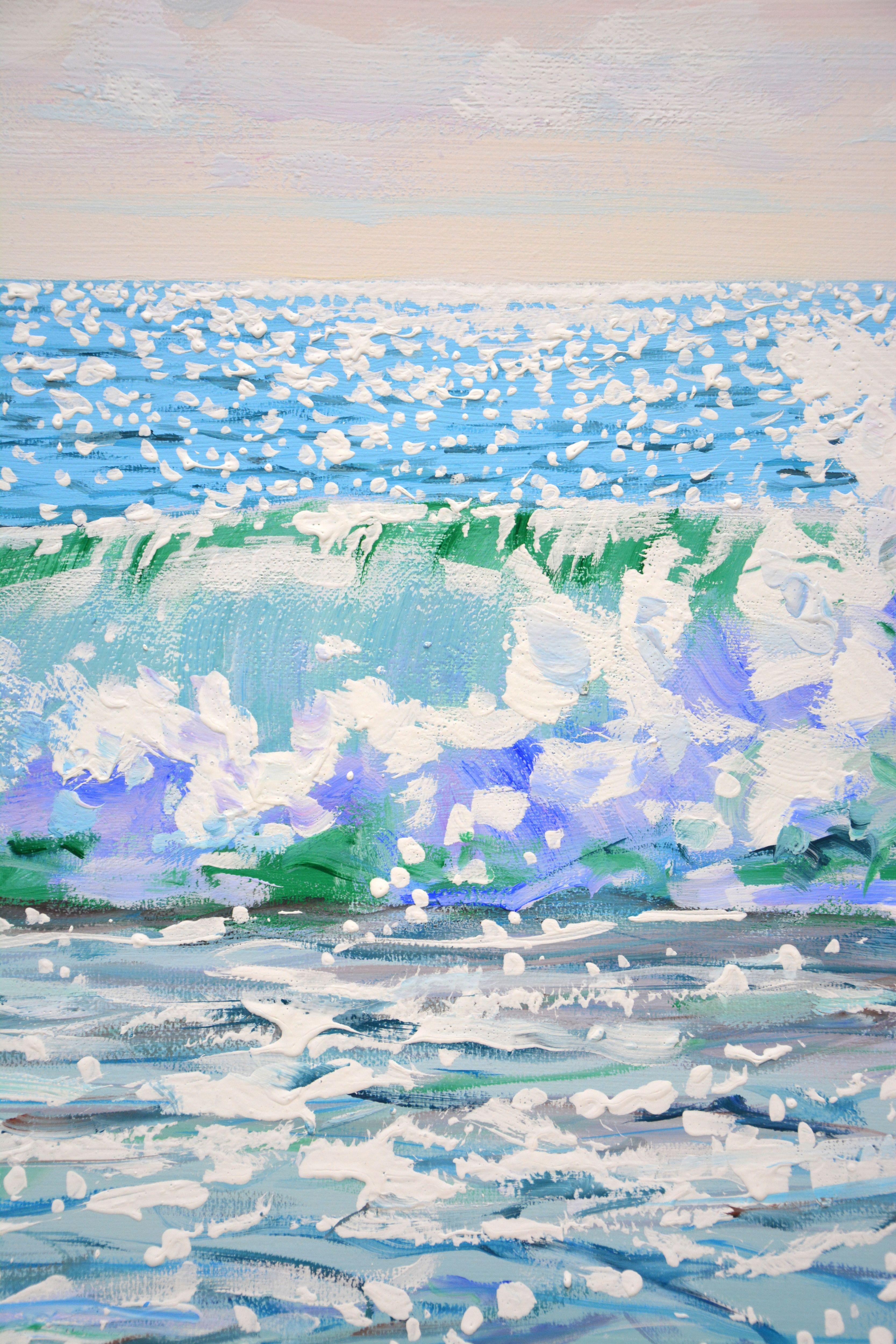 Sea bliss. The sea, clear sky, waves, sea foam, sun glare on the water create an atmosphere of relaxation and romance. Made in the style of realism. Part of a permanent series of seascapes. The picture is of good quality, the colors make children