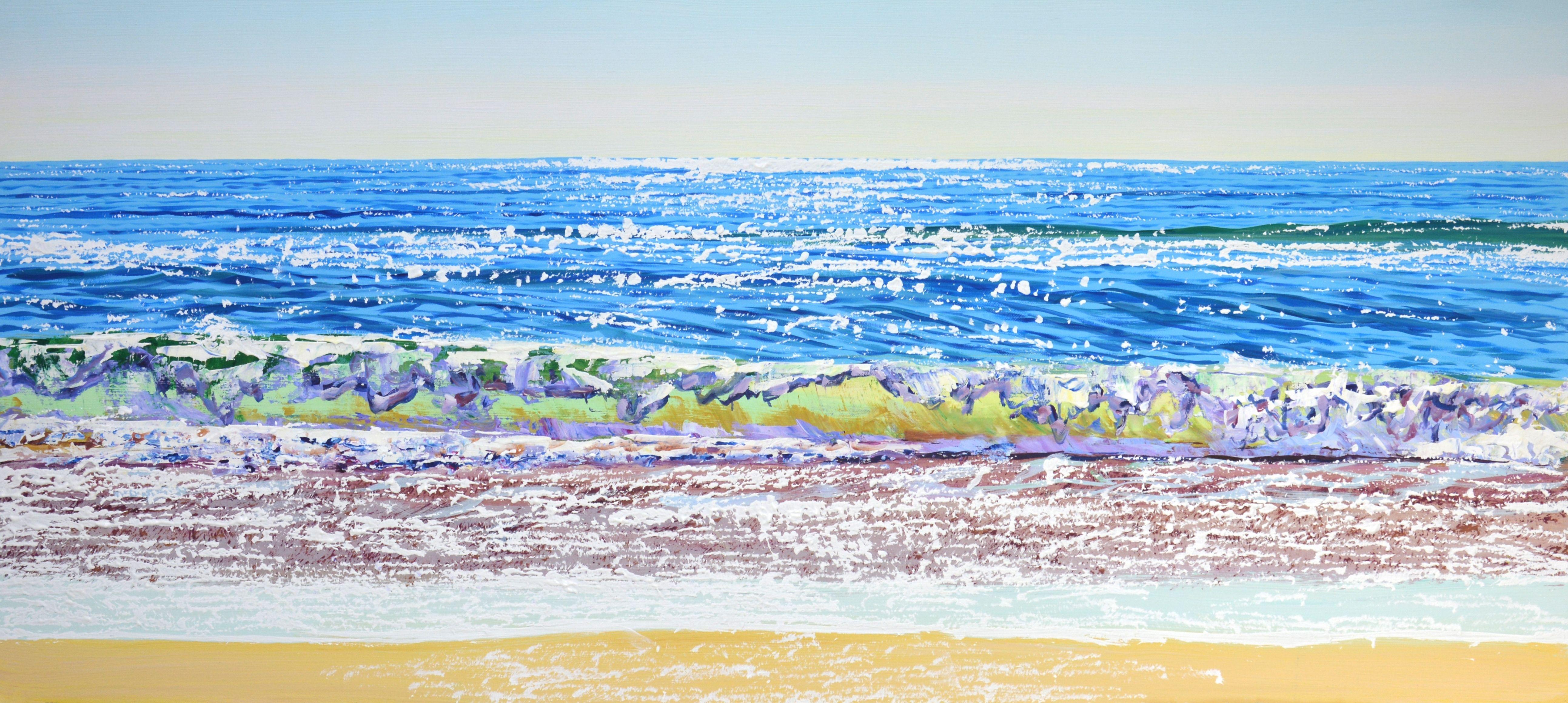 Sea. Glare. Beach.  Summer seascape: blue water, ocean, small waves, sun glare on the water, clear sky, sand, beach create an atmosphere of relaxation and romance. The blue and white palette, executed in the style of realism, emphasizes the energy