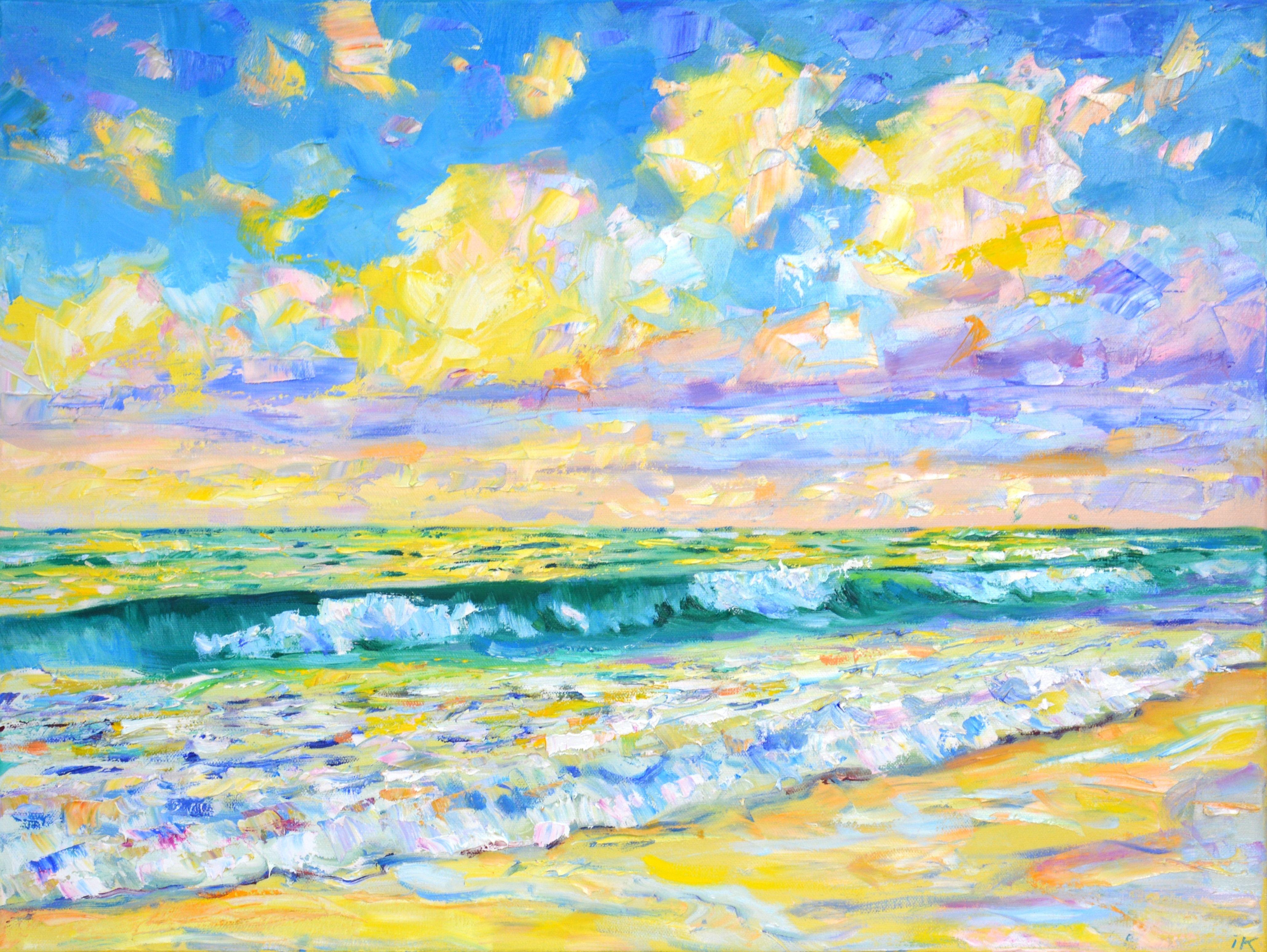 Sea mosaic. Sunny day at sea. A rigid palette of knives and a rich palette of turquoise, blue, yellow and white shades emphasize the warm radiance of the sun and the movement of water. Part of an ongoing series of seascapes that capture the luminous