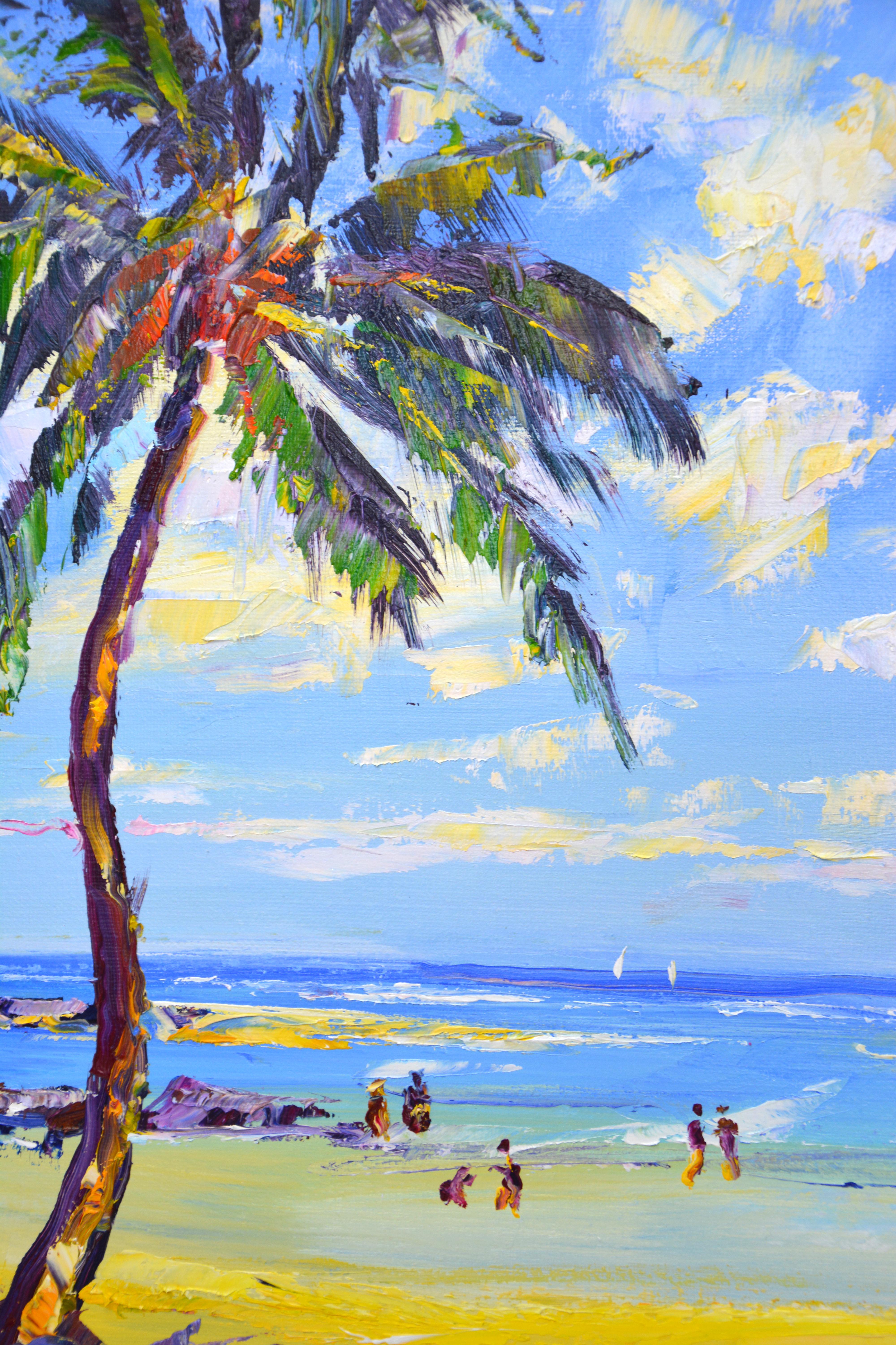 Sunny beach, ocean, beach, sailboats, palm trees, sky, sand, relaxation atmosphere. Saturated. the palette of blue, green, yellow, white emphasizes the energy of the sea. Impressionism. The luminous qualities of the ocean and the amazing sky above
