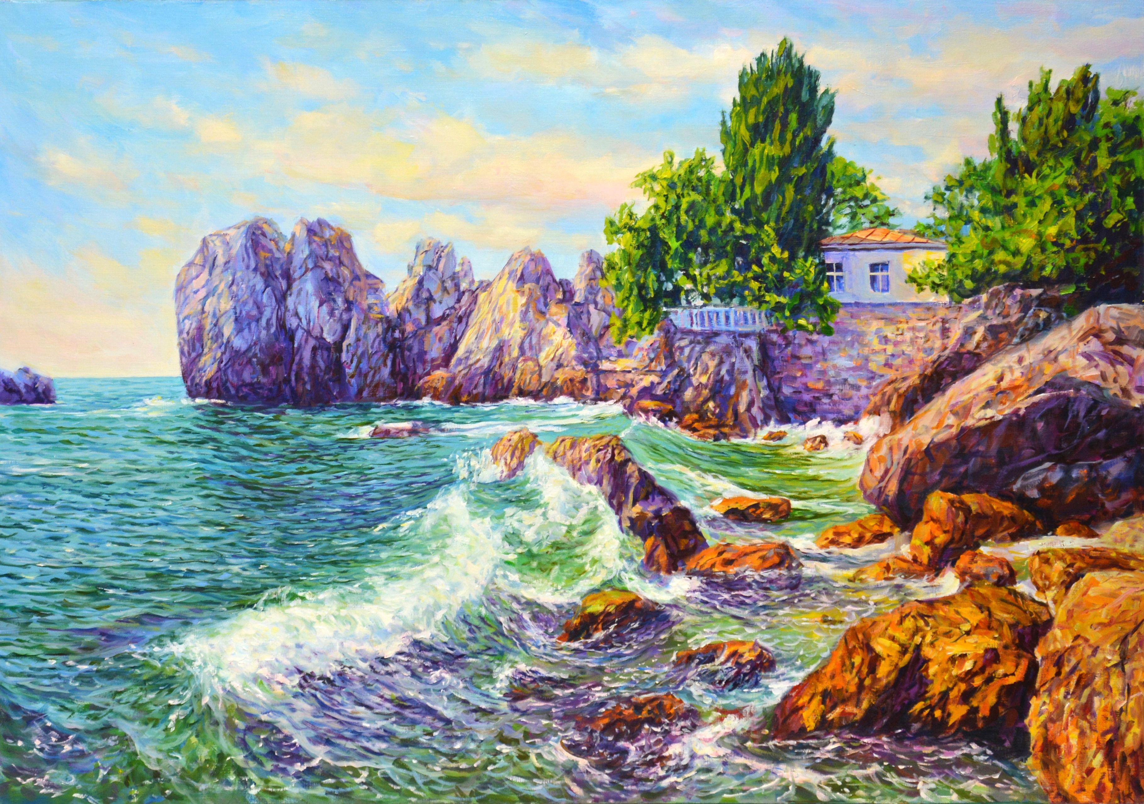 Painting Sea. Rocks. Stones: Nature is an inexhaustible source of inspiration. Seascape. Realism. The painting has good spatial quality and the colors make children happy. Oil painting on linen canvas. Quality materials are used. It is varnished.