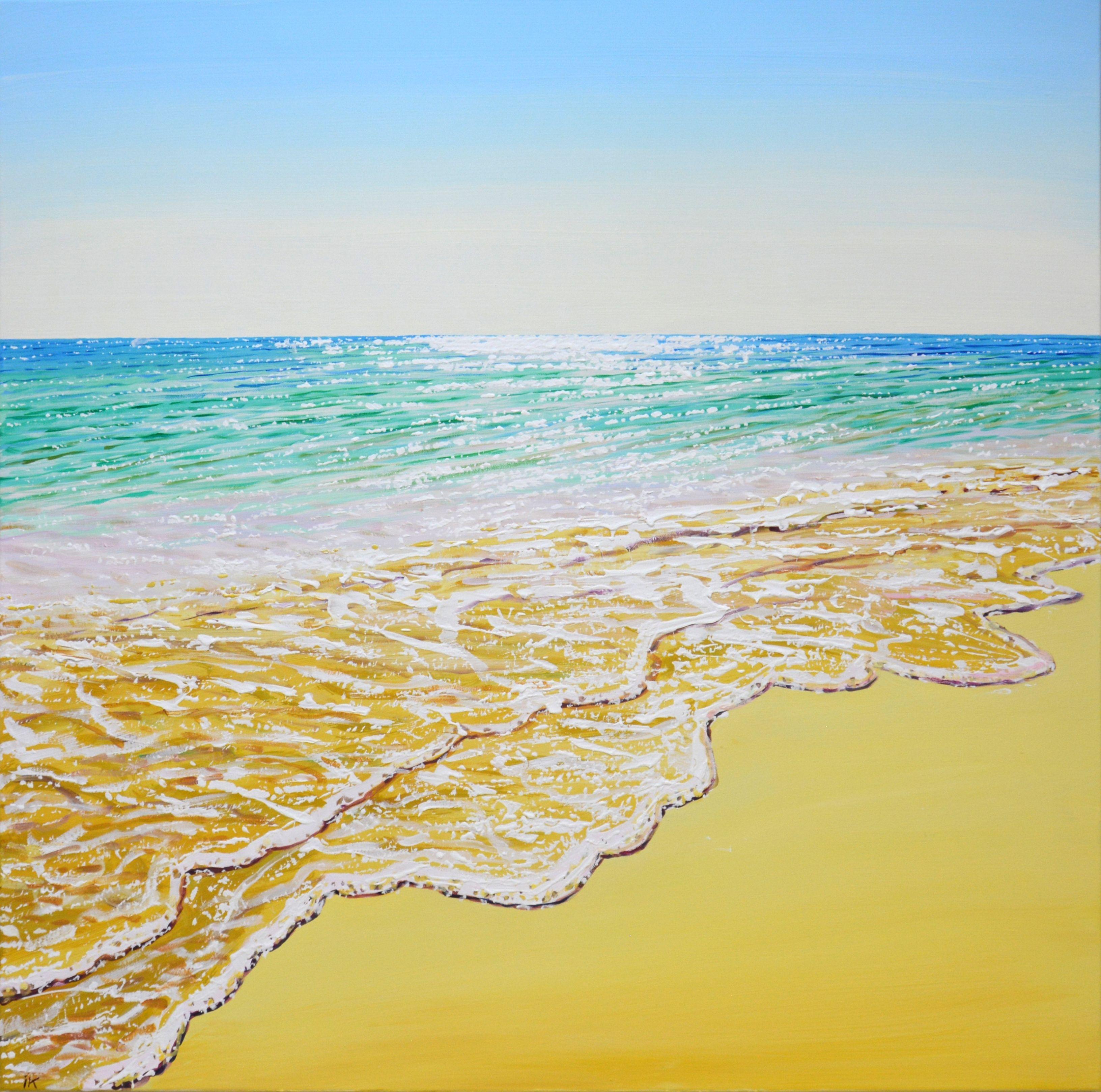 Sea. Summer. Blue water, ocean, shimmering glare of the sun on the water, sea foam, clear sky, sand, beach, small waves create an atmosphere of relaxation and romance. Made in the style of realism, the yellow, blue and white palette emphasizes the