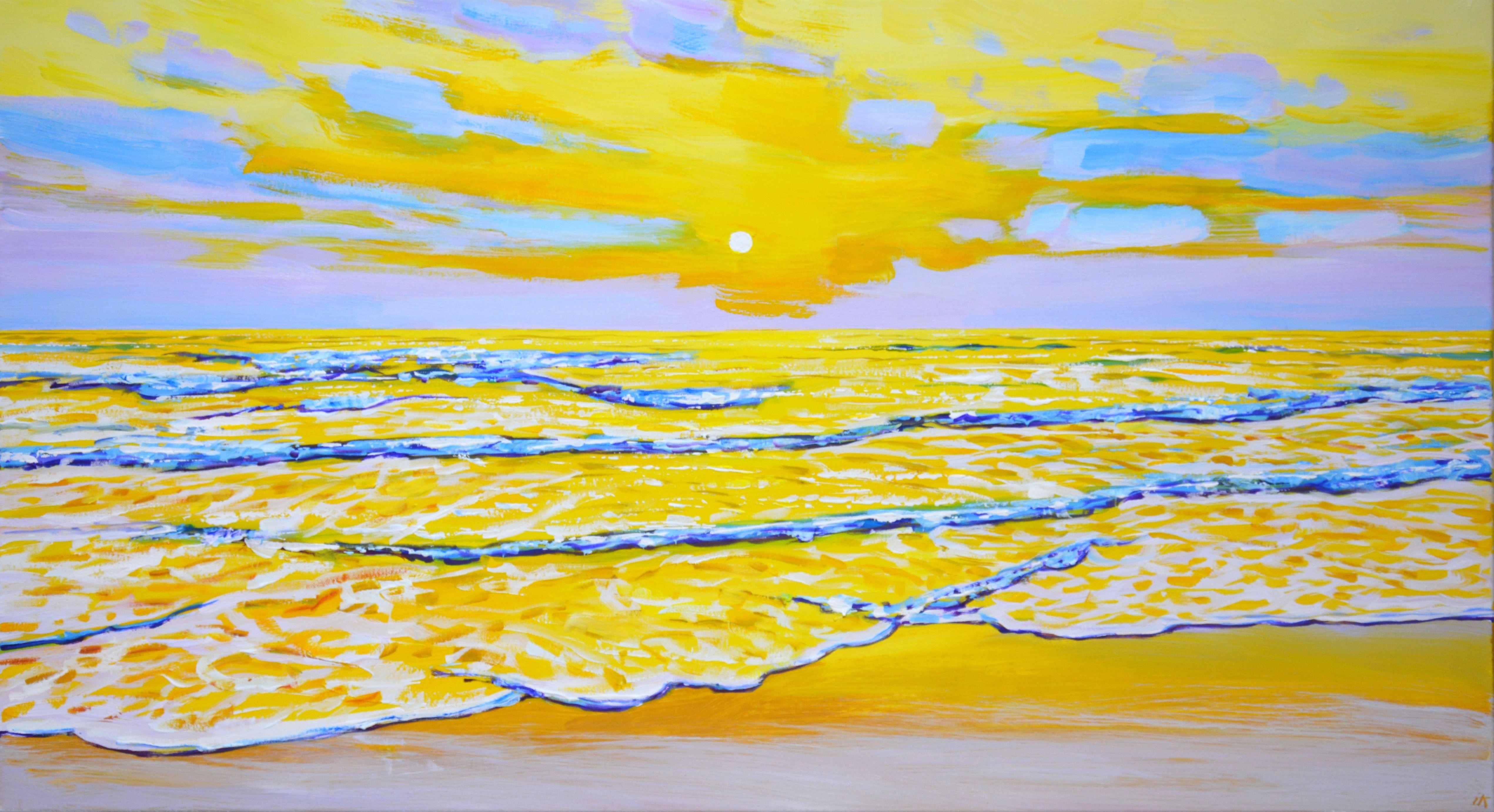 Sea. Sunset. Summer landscape:  sunset, warm water, ocean, sea, small waves, sun reflection, sky, beach, create an atmosphere of relaxation and romance. Made in the style of realism. Part of a permanent series of seascapes. Used high quality