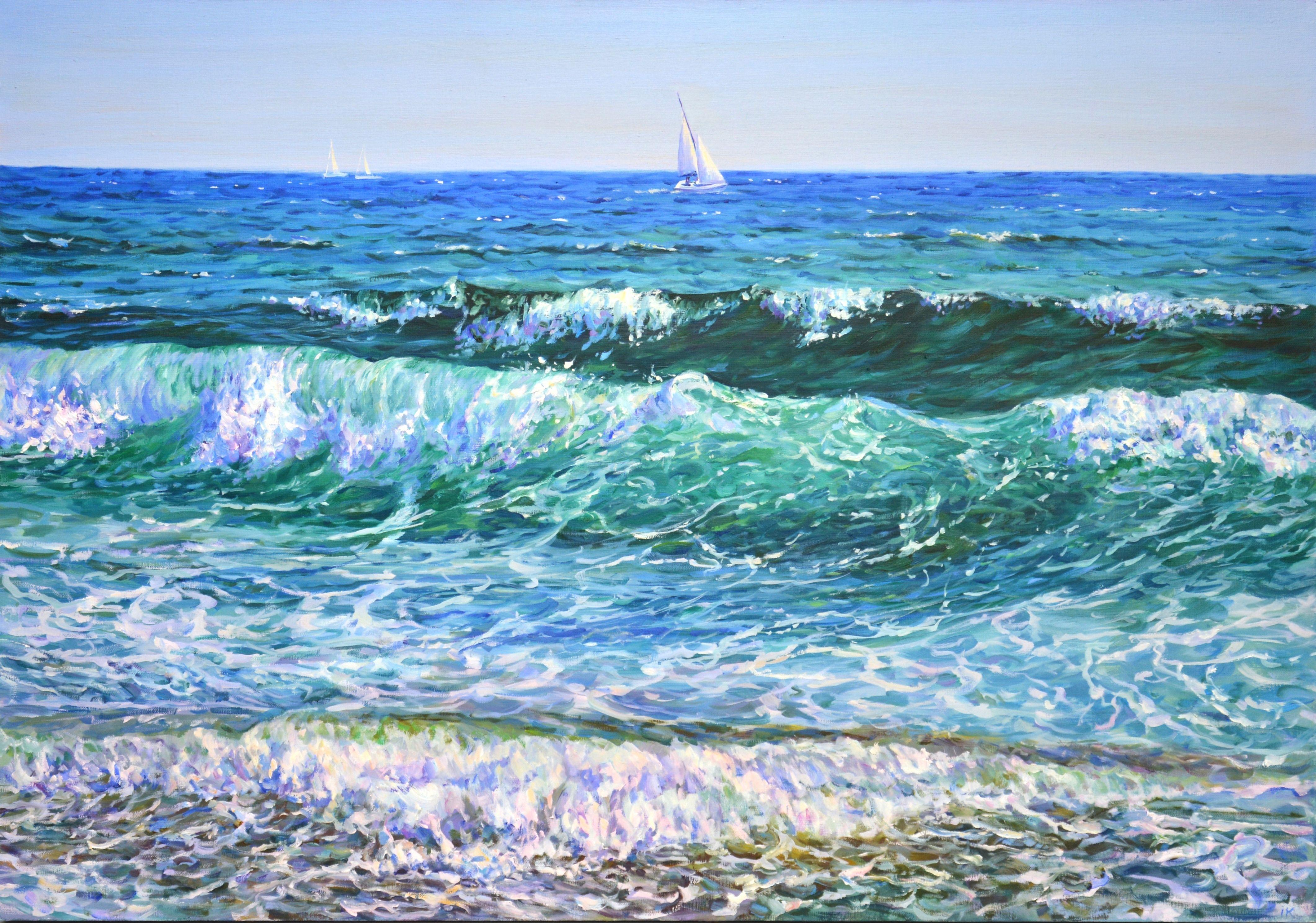 Impressionist scene with a day regatta. Stunning waves, luminous qualities of the ocean and stunning sky above your head, cause a feeling of love and gratitude to nature. While traveling I study a lot of the sea and the ocean. Then, in the workshop,