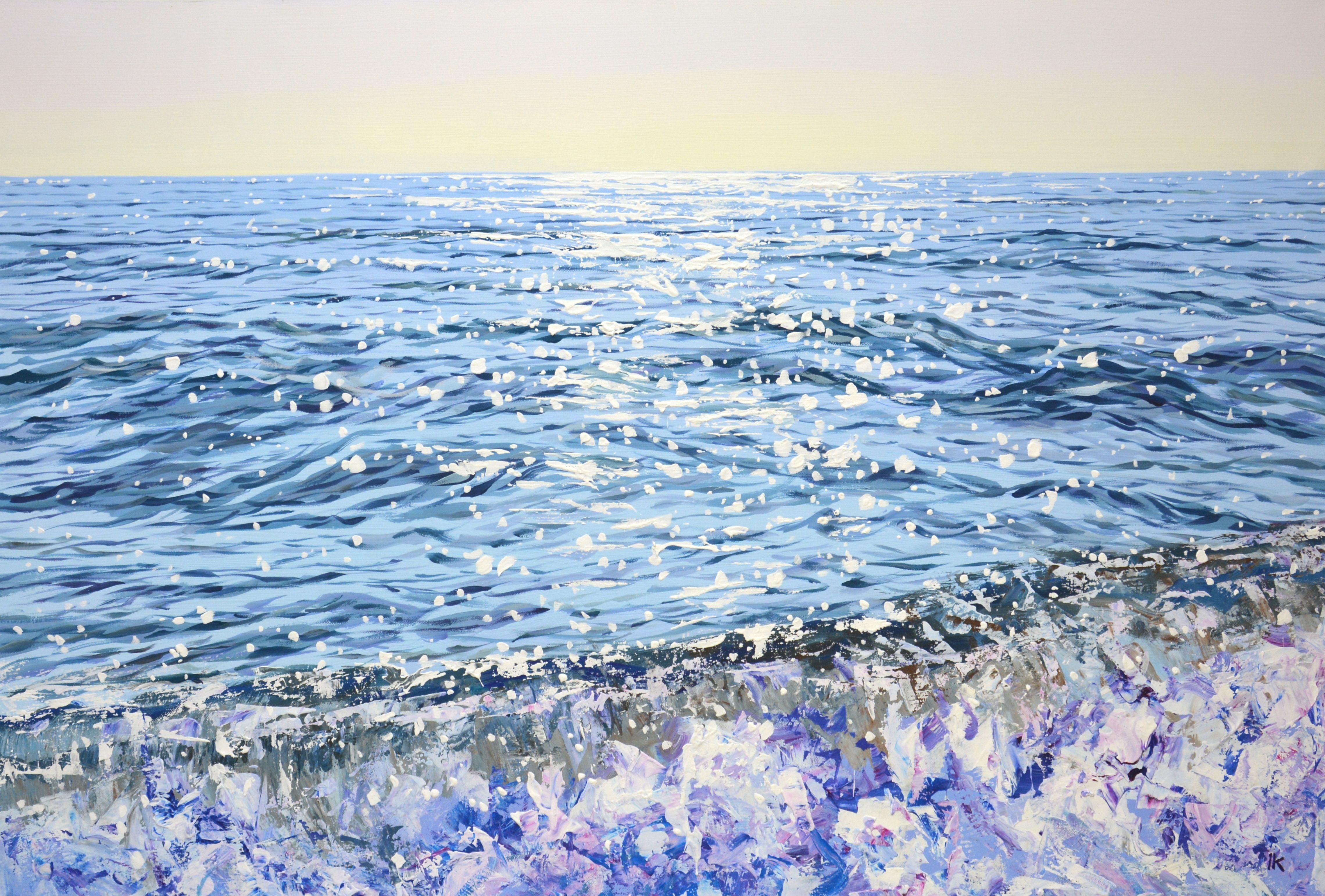 Sea. Waves. Glare.  Summer seascape: blue water, ocean, small waves, sun glare on the water, clear sky create an atmosphere of relaxation and romance. Made in the style of realism, the blue and white palette emphasizes the energy of the water. Part