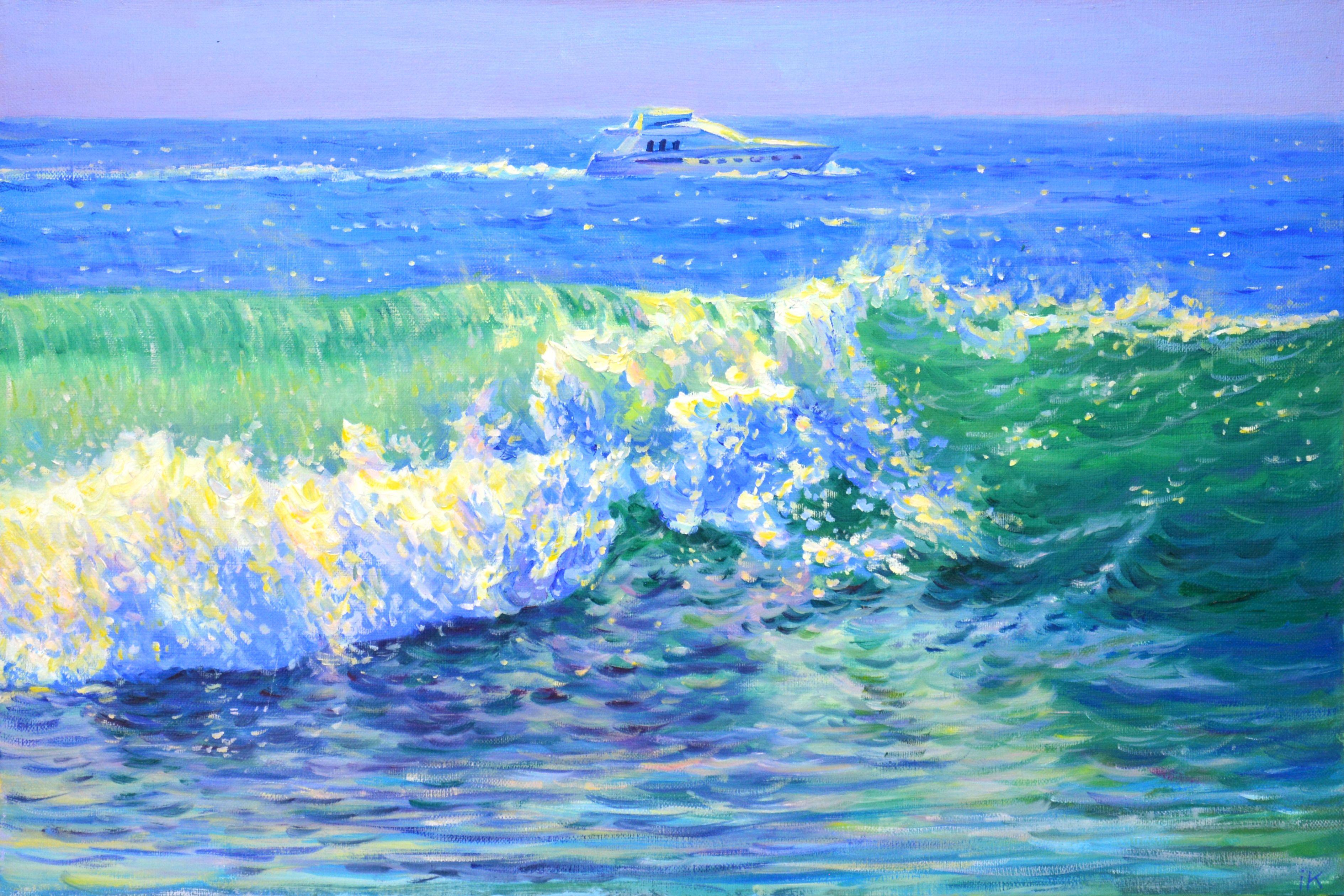 The yacht floats along the horizon, daylight is reflected from the rolling waves. A rich palette of blue, green, white emphasize the energy of the ocean. Impressionism. While traveling I study a lot of the sea and the ocean. Part of an ongoing