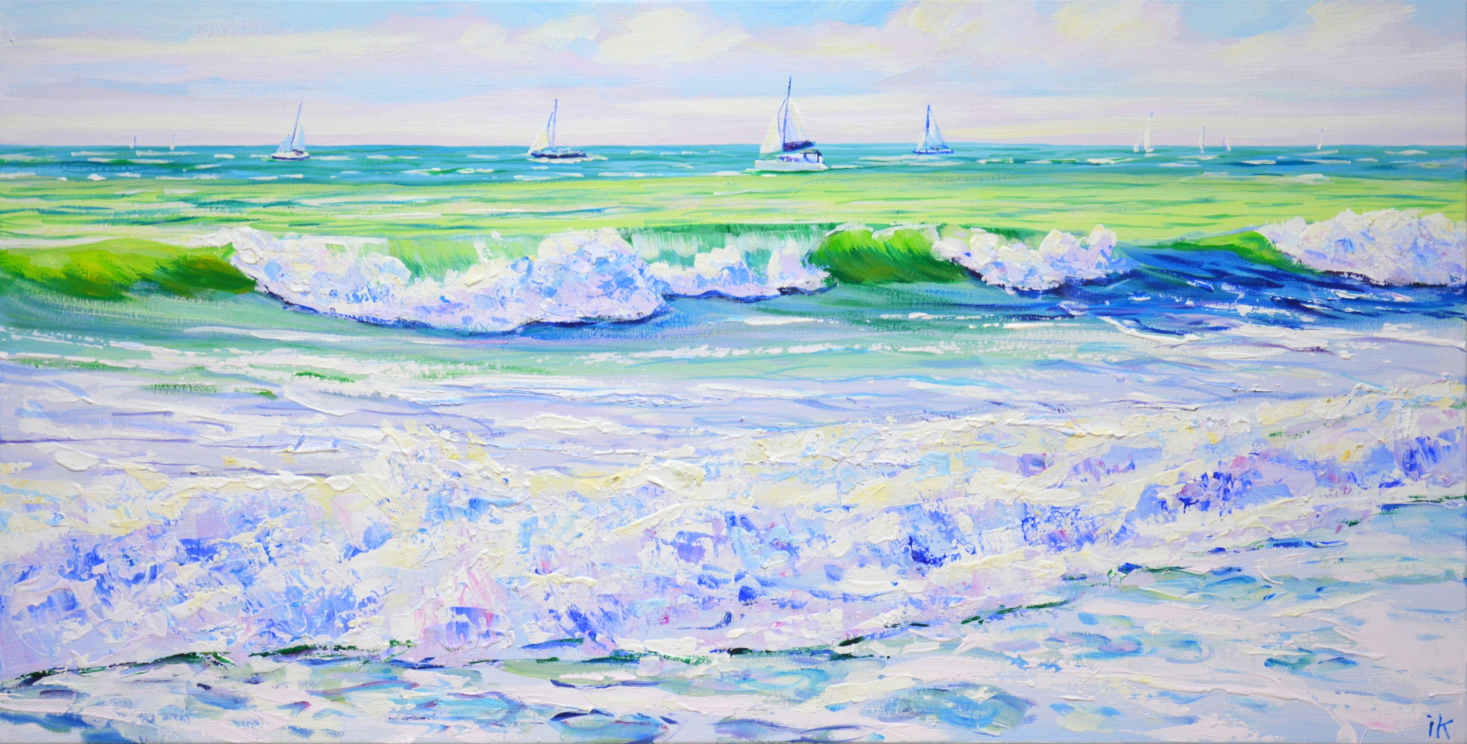 Artwork Sea.Sailboats. Waves. written with inspiration, positively. Nature: seascape, clear sky above the water, light reflected from the incoming waves, glare of the sun on the water, sea foam, sailboats on the water create an atmosphere of