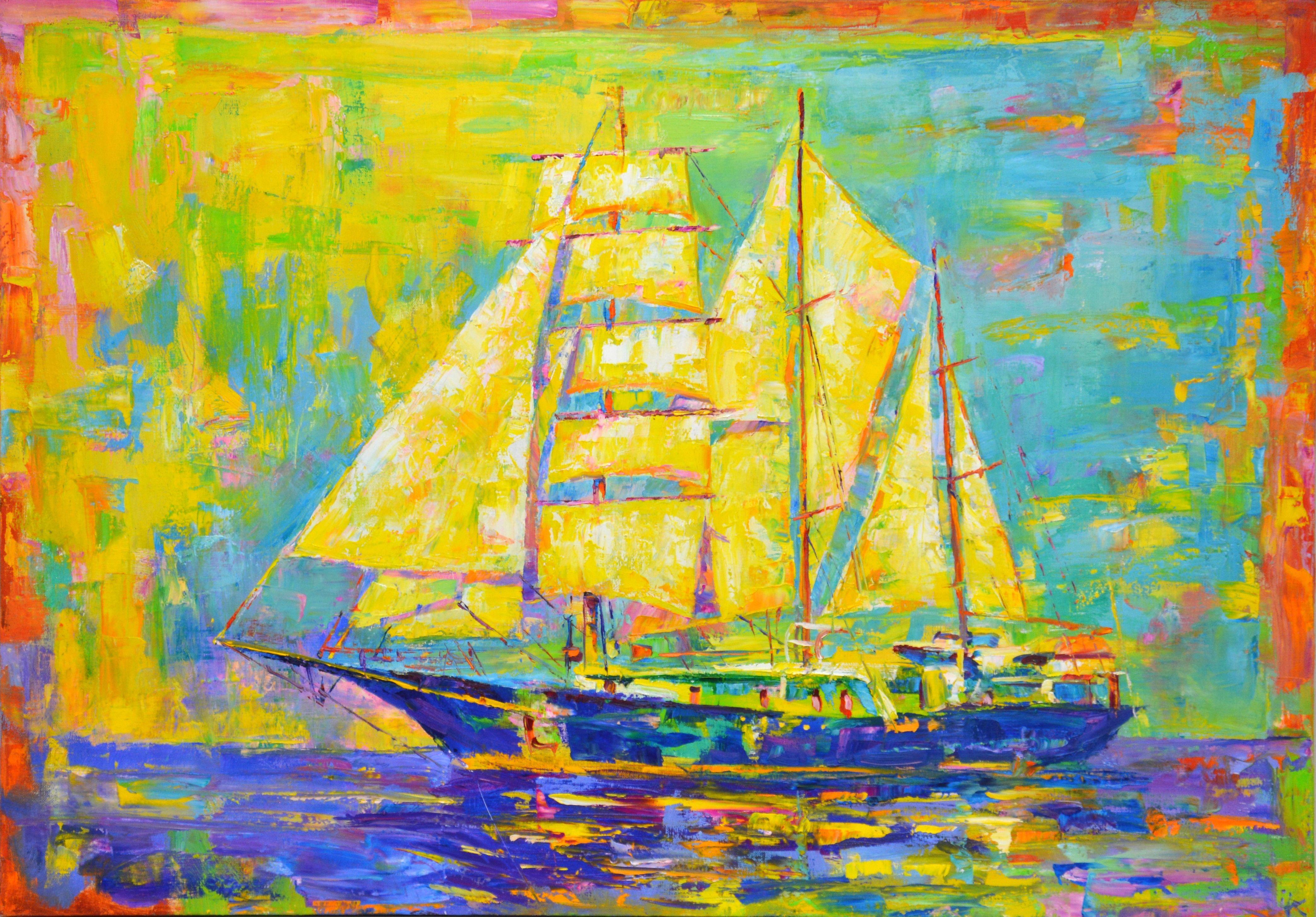Painting Ship on an abstract yellow, blue background. Expressionism. Work of a knife with a palette knife. Bright colors, texture, lines allow to convey the dynamics of life. The work has good spatial quality, and children like the colors. Used high