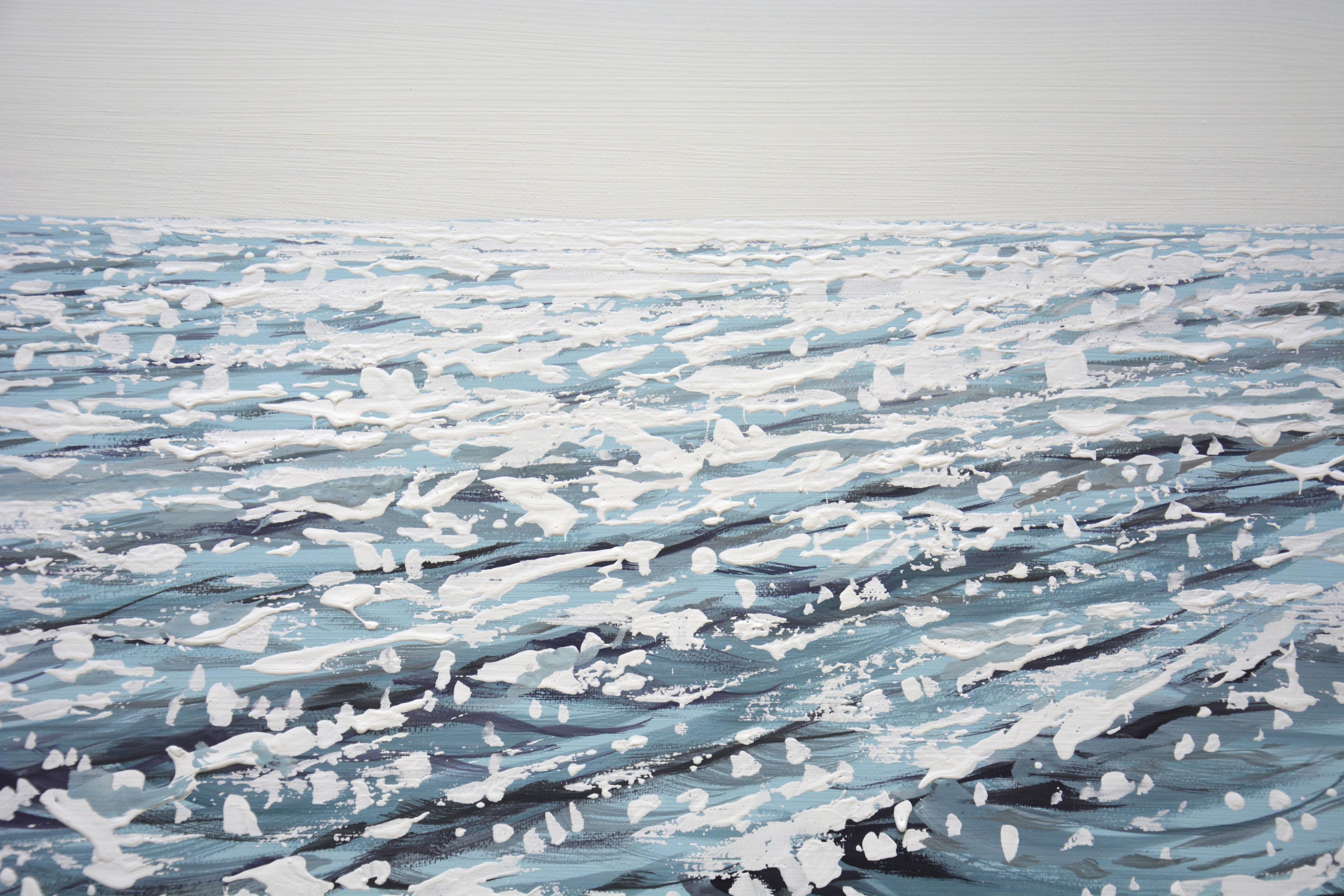 Silver of the ocean 3. Peace of mind. Calm motive, silvery water, ocean, glare on the water, light, small waves, clear sky create an atmosphere of relaxation and romance. Made in the style of realism, impressionism. The light gray and white palette