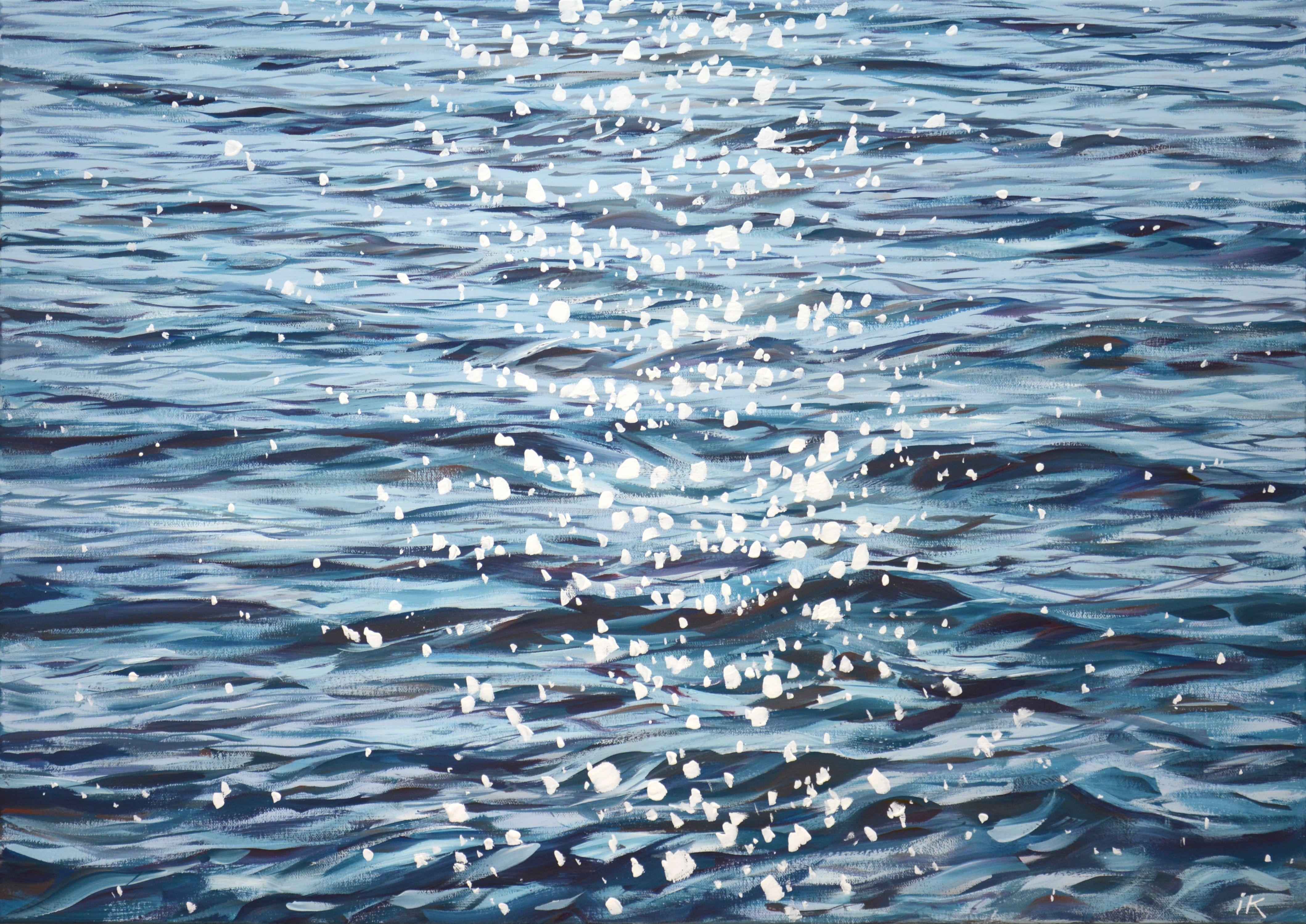 Silver placer. Blue water, waves, serene views, ocean shine, glare on the water create an atmosphere of relaxation, romance. Made in the style of realism. Part of a permanent series of seascapes. The picture is of good quality, the colors make