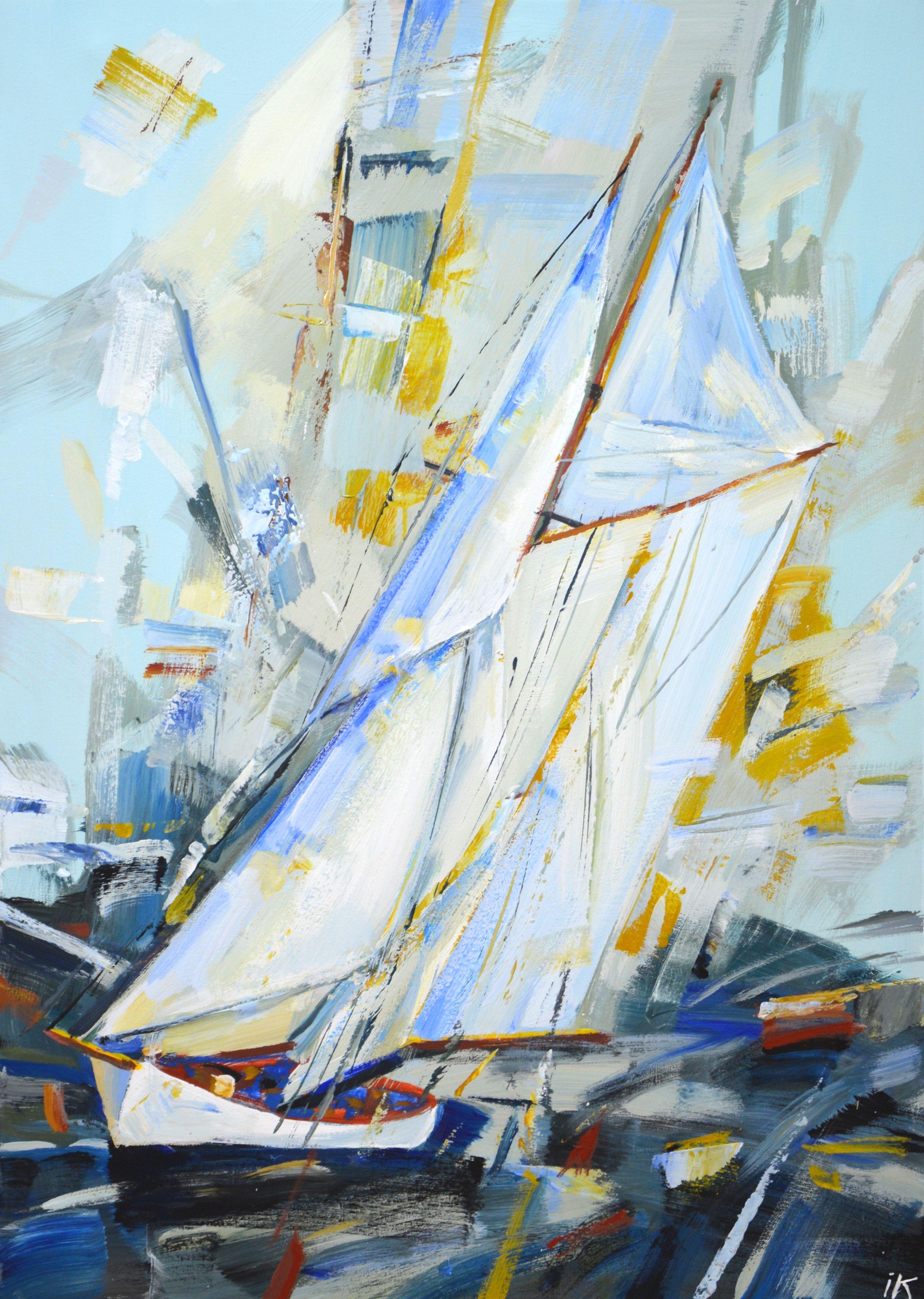 Silver sails. Yacht with sail on an abstract gray background. Expressionism. Modern. The colors of blue, gray and white, small accents of yellow, red of a certain shape, scattered on the canvas with a spatula, are vigorously mixed on the palette.