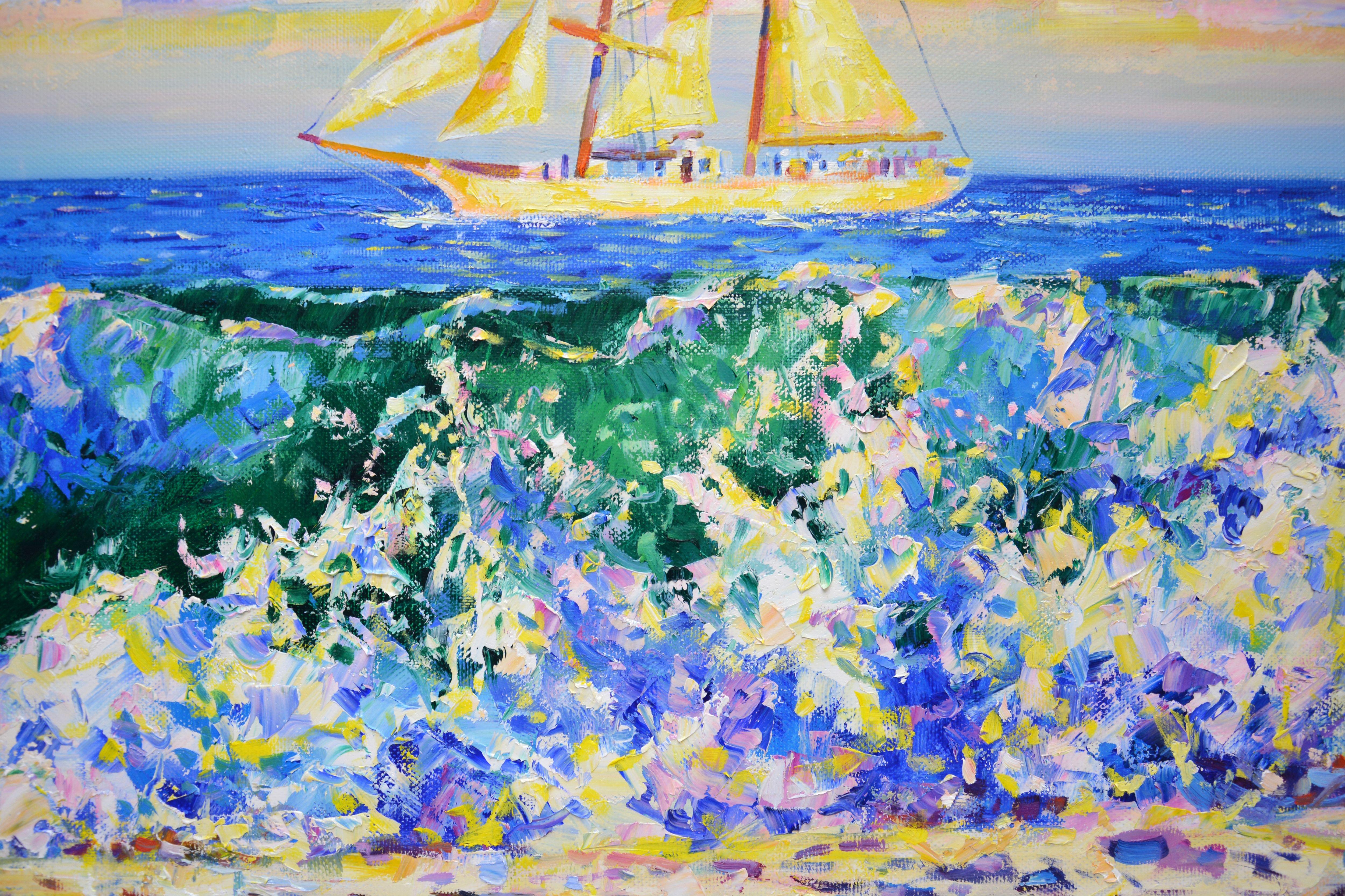 A sailboat passes under the midday sun. Pearl clouds overhead with golden light. Blue yellow. Yacht. The painting has good spatial quality, and the colors cause childish happiness. Impressionism is painted with a spatula, textured. Oil painting on