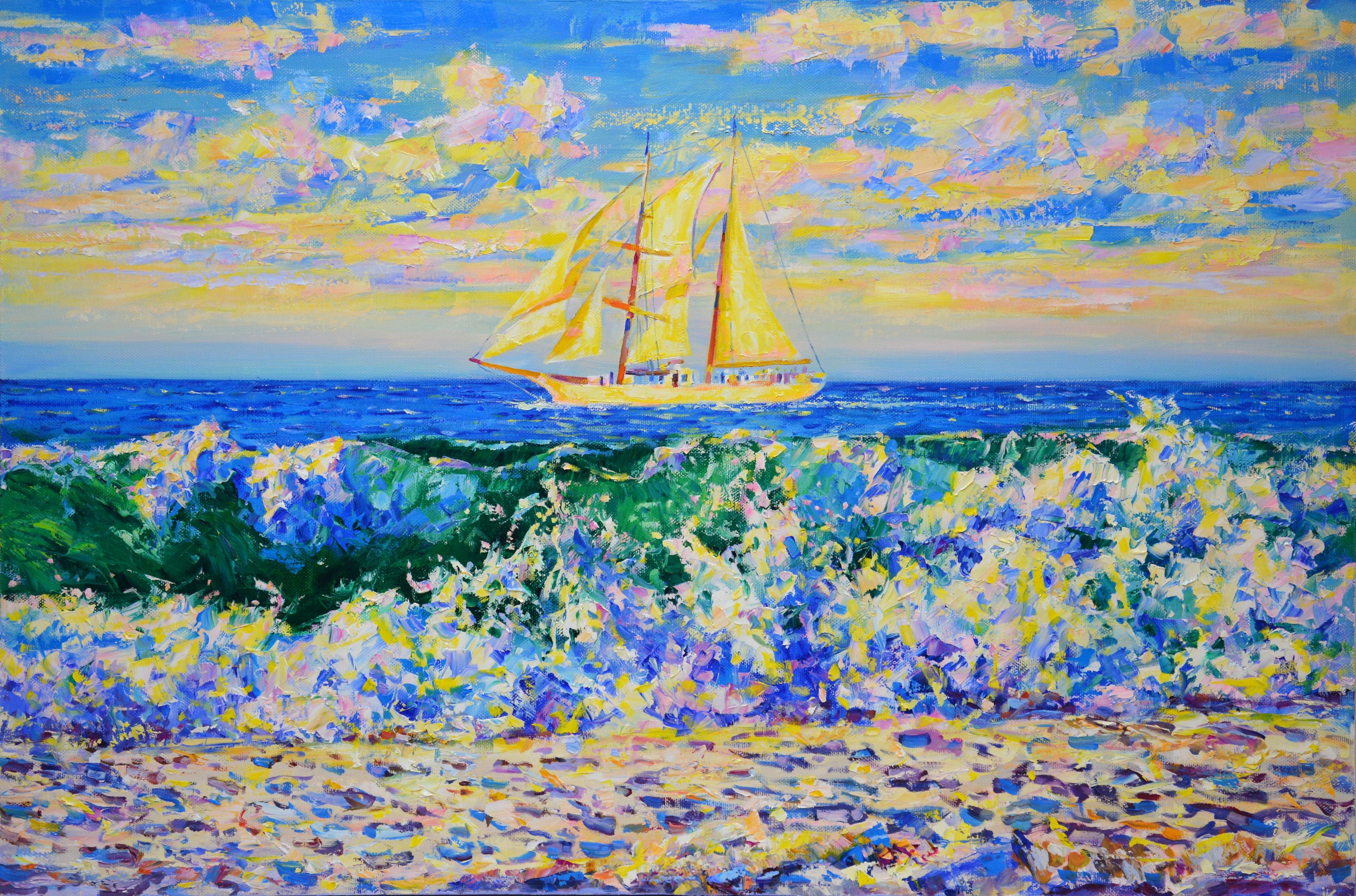 A sailboat passes under the midday sun. Pearl clouds overhead with golden light. Blue yellow. Yacht. The painting has good spatial quality, and the colors cause childish happiness. Impressionism is painted with a spatula, textured. Oil painting on
