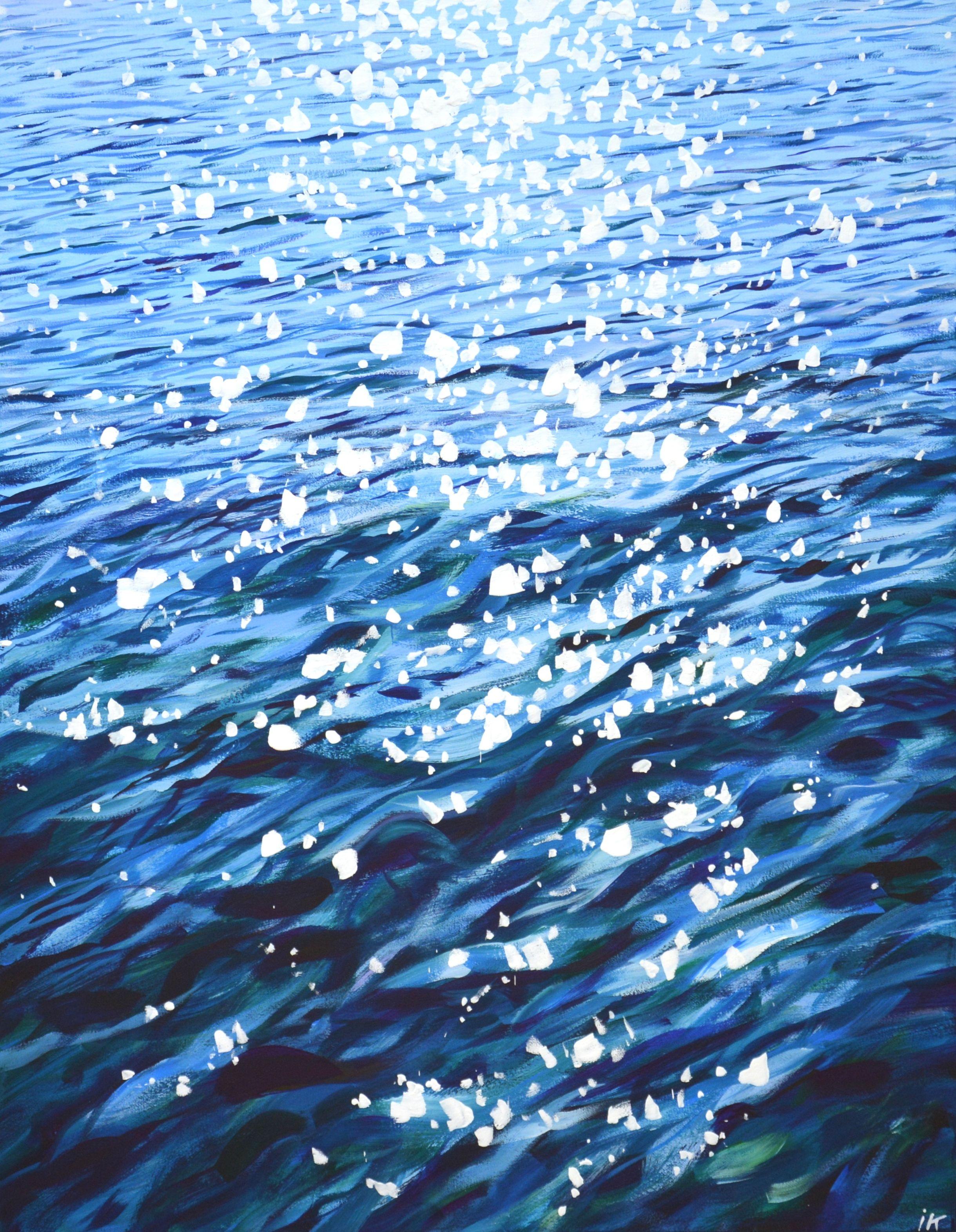 Solar sparks. The shine of the ocean, blue water, small waves, sun glare on the water create an atmosphere of relaxation and romance. Made in the style of realism. Part of a permanent series of seascapes. The picture is of good quality, the colors