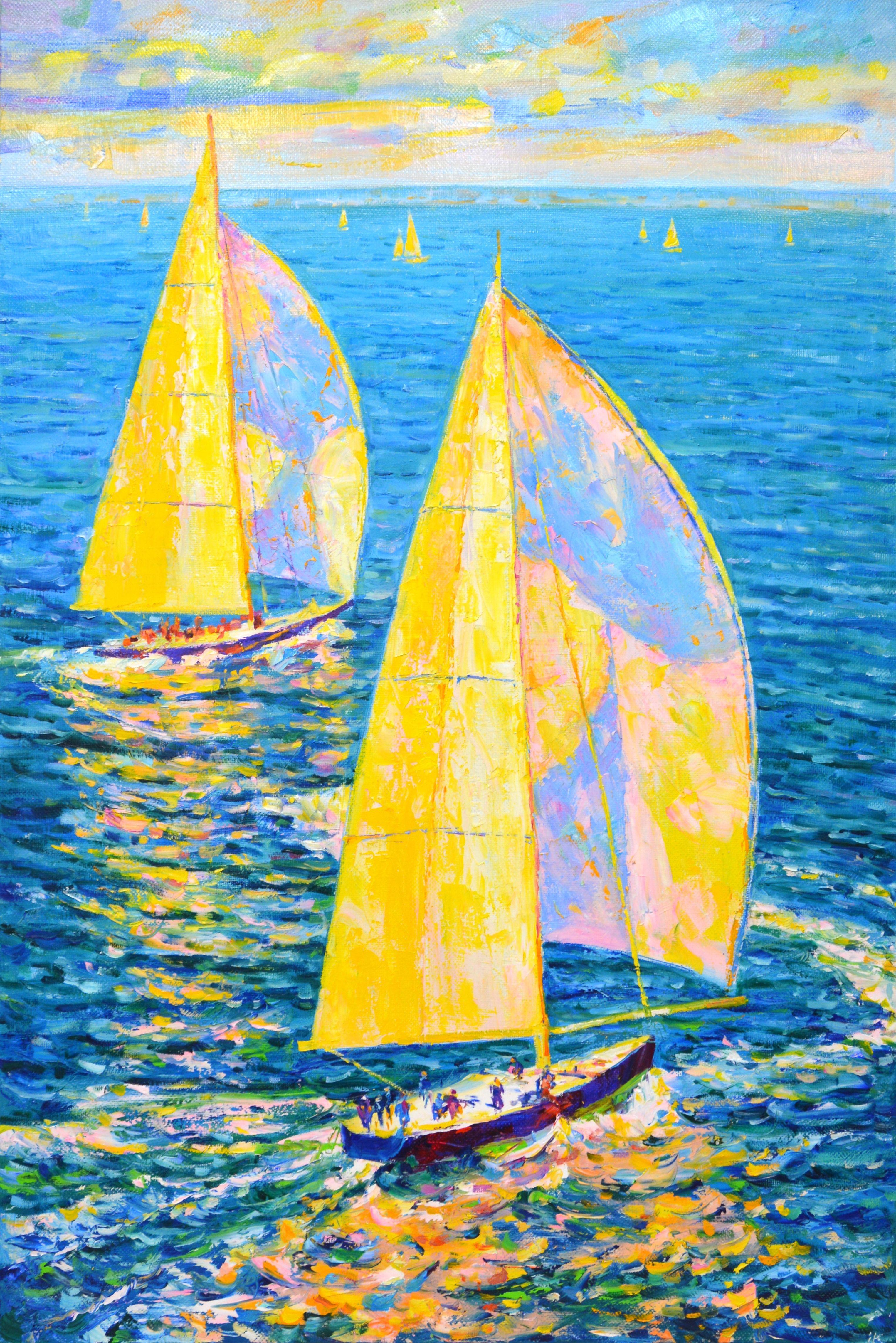 Solar yachts. Sailboats sail under the midday sun, golden light reflects off the sail and passing clouds, the ocean, a serene view, creates an atmosphere of relaxation, harmony and bliss. Realism. Impressionism. The work of the palette knife