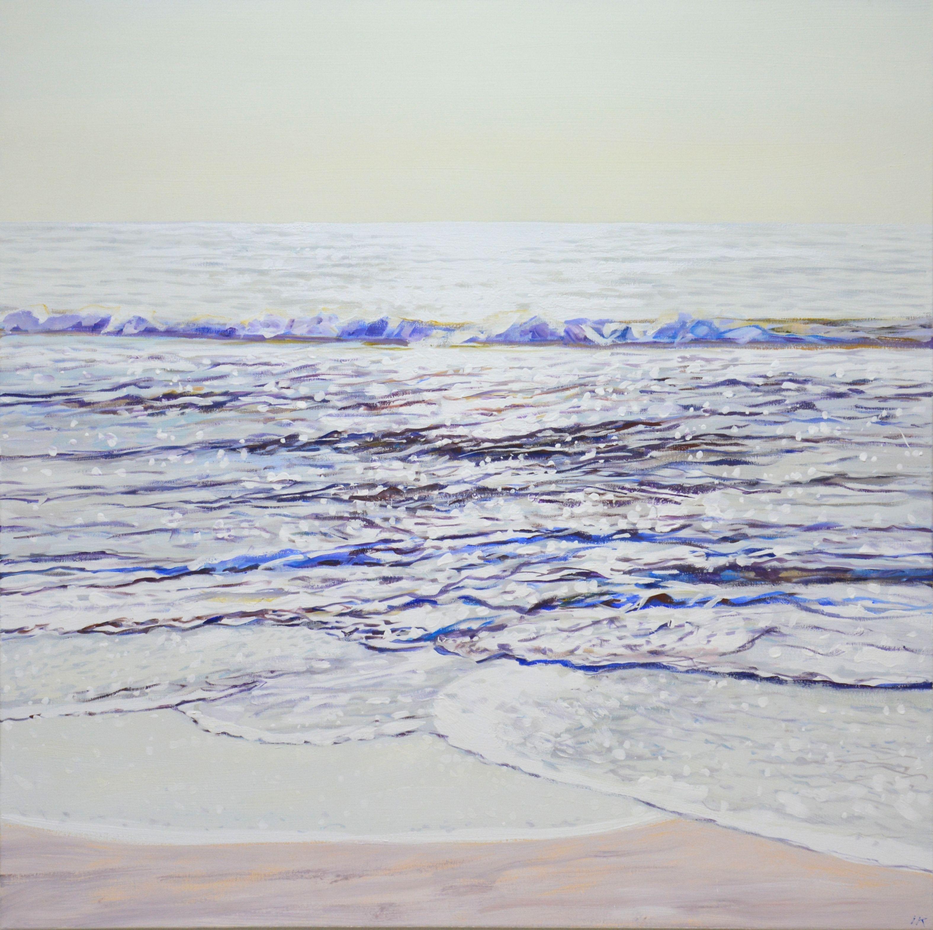 The sounds of the morning waves. The shining ocean, small waves, glare on the water, the beach, clear sky create an atmosphere of relaxation, romance. Made in the style of realism, Light colors, white palette emphasizes the energy of water. Part of