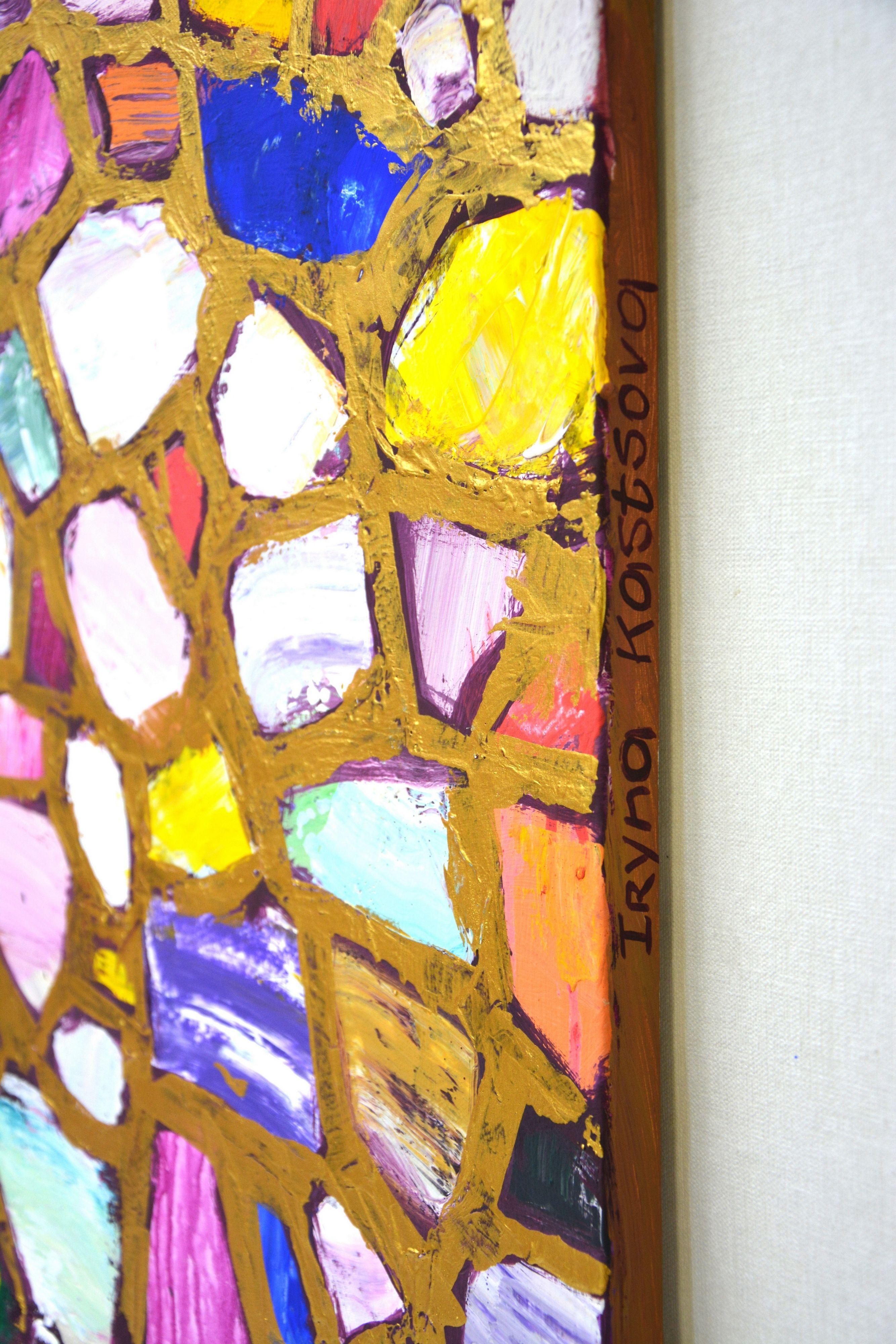 Stones in gold 3. Abstract dynamic composition filled with light, air, joyful emotions. Modern. Art Deco. Expression. Precious stones, painted in bright colors, in abstract forms on a warm background, framed by a gold texture made with a palette