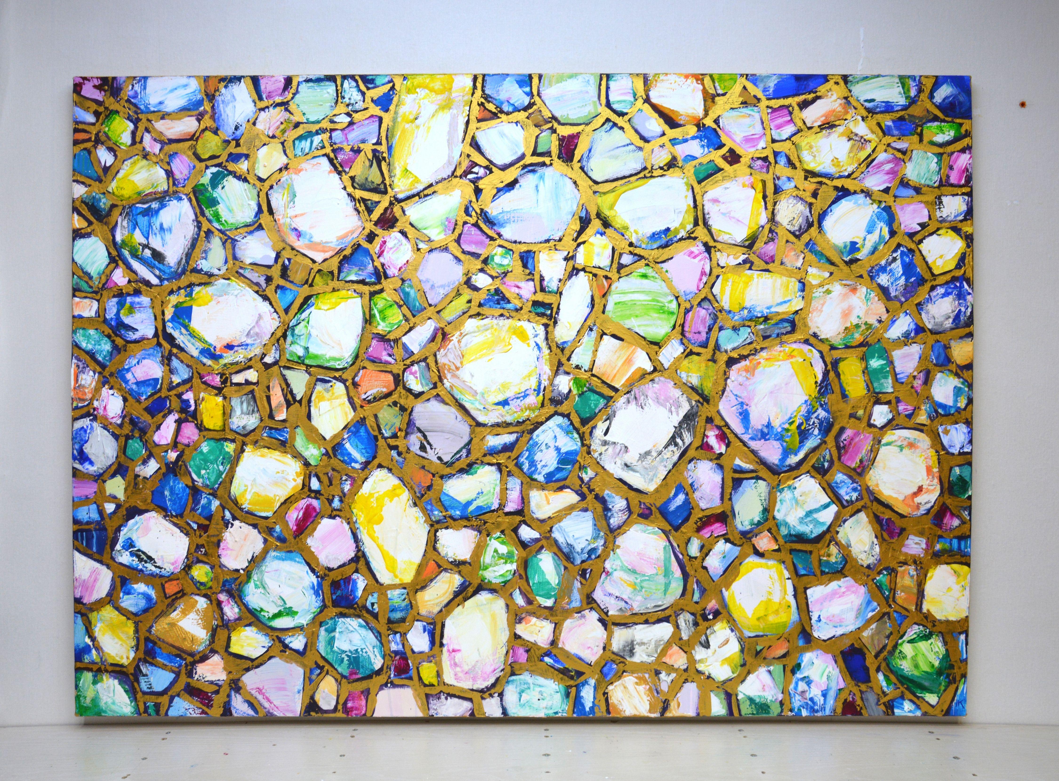 Stones in gold., Painting, Acrylic on Canvas - Gray Abstract Painting by Iryna Kastsova
