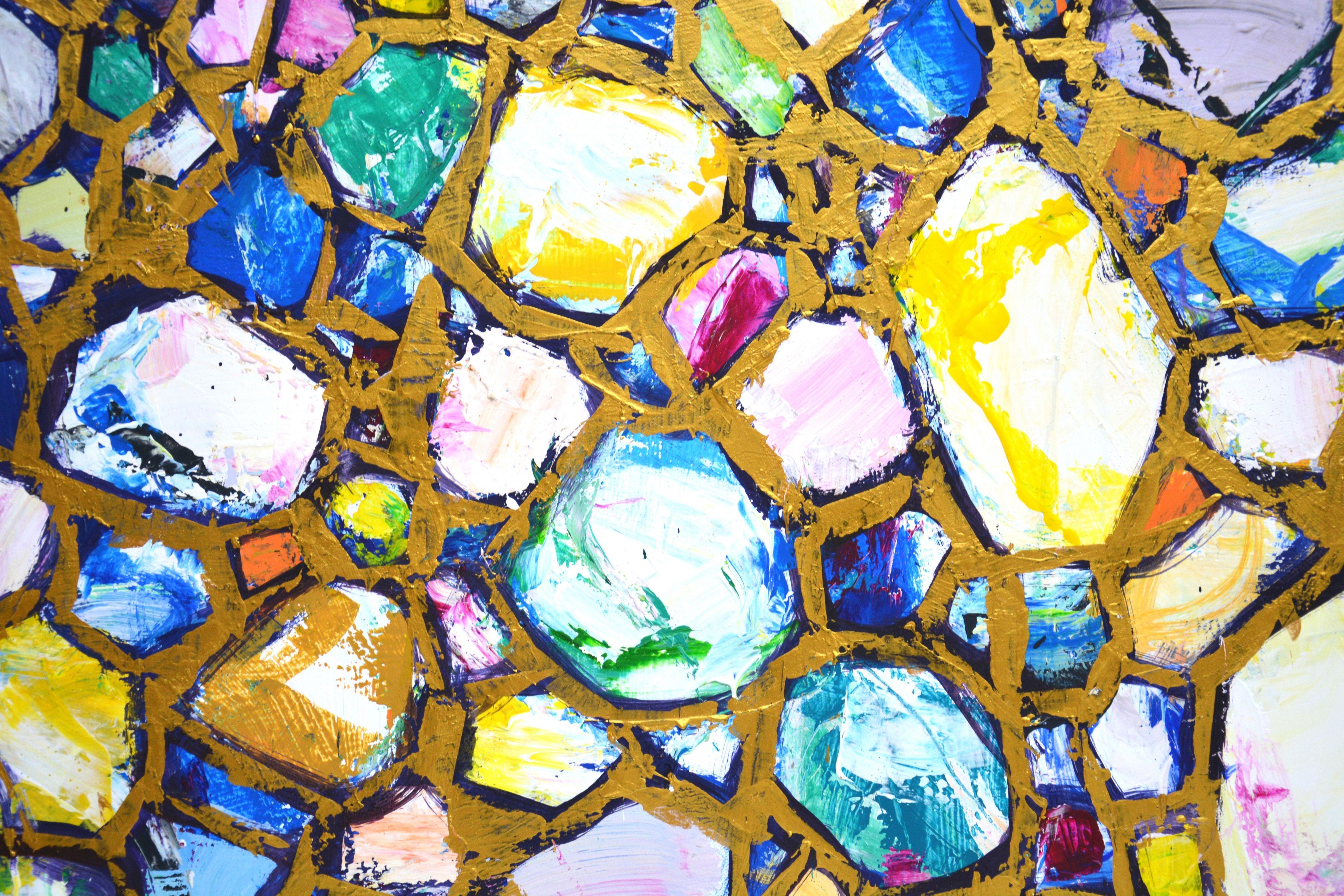Stones in gold. Abstract, modern, dynamic composition, precious stones in a gold frame, symbolizing wealth and abundance, using gold paint. Curved lines, shapes, texture, texture, made with a palette knife, give expressiveness to the surface and