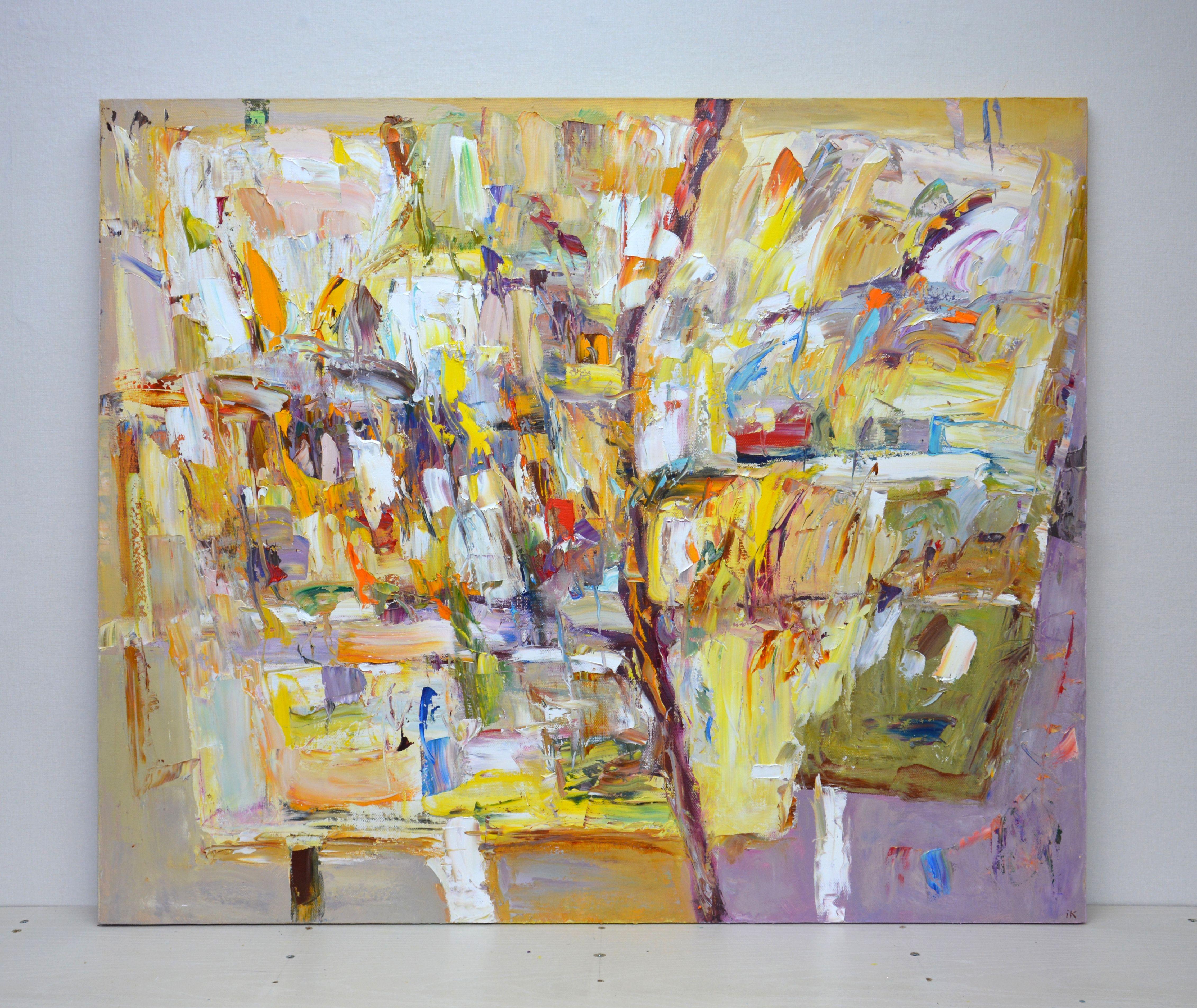 Oil abstract on linen canvas. Written expressively using a spatula. The picture has a good spatial quality, and bright colors cause children's happiness. In the style of expressionism, palette knife. Vigorously mixed in a palette of yellow, gray,