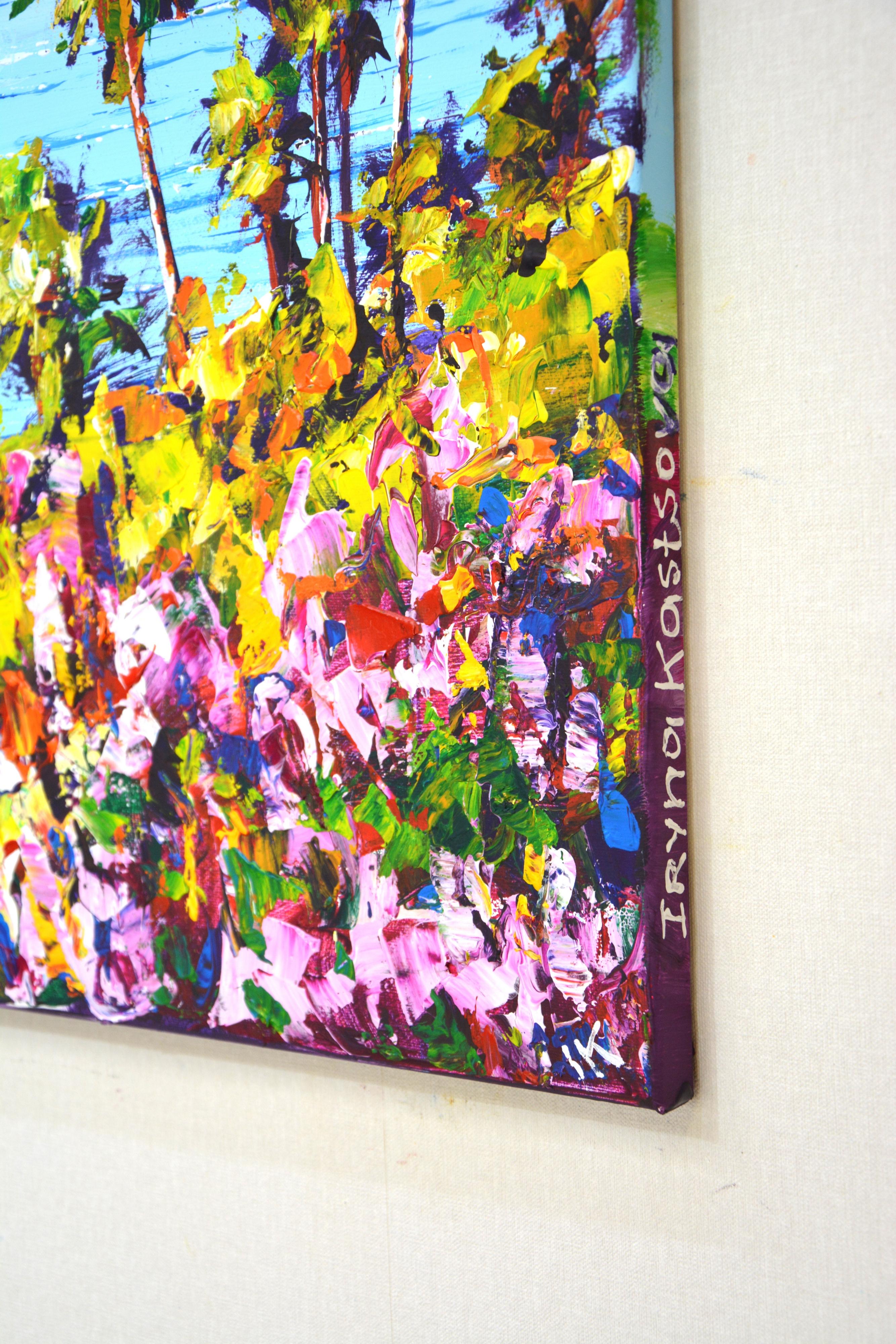 Verano. Pintura acrílica californiana de paisaje con palmeras - Painting Impresionista de Iryna Kastsova