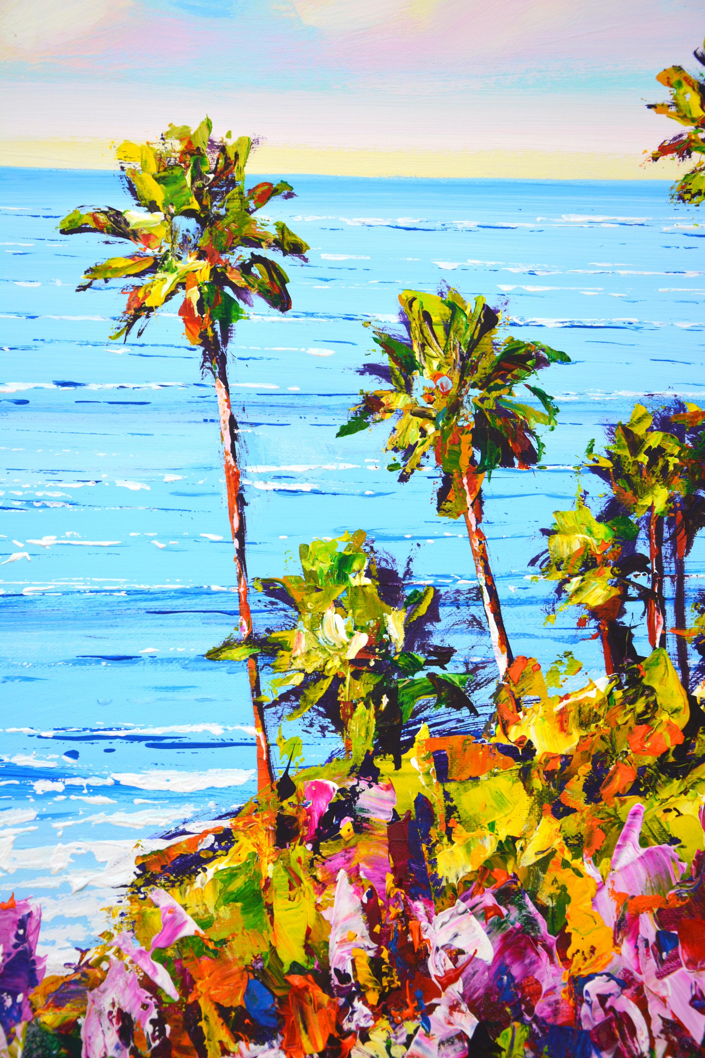 Verano. California. Paisaje marino: océano azul, olas, playa soleada, palmeras, flores, día soleado, romanticismo, impresionismo, realismo, agua, pintura, viaje por mar, cielo, costa soleada de California crean una atmósfera de relajación. Se